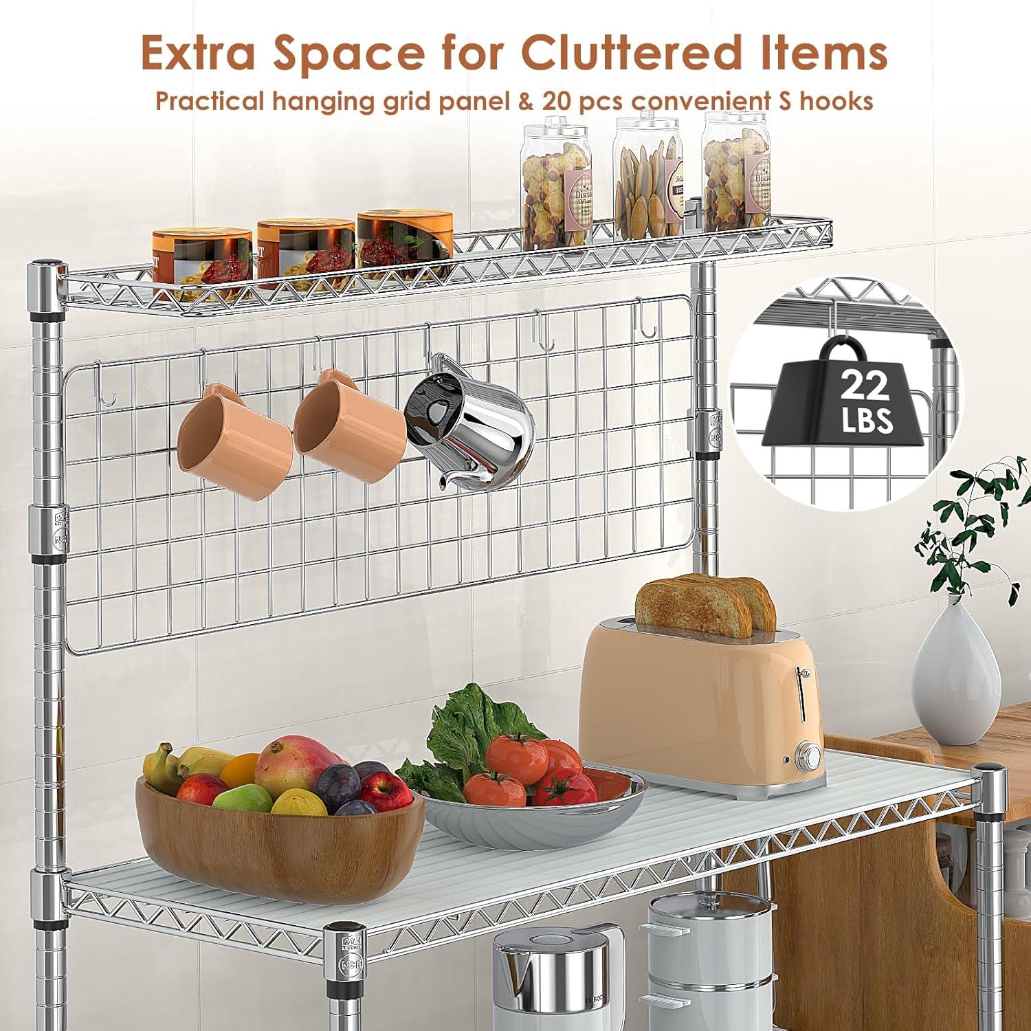 Leteuke Bakers Rack with Storage & Wheels, 42 Inch Microwave Stand Kitchen Shelves, 4-Tier Heavy Duty Storage Rack with 20 S-Hooks, Commercial Metal Utility Kitchen Cart, 42× 18× 63 Inch, Chrome