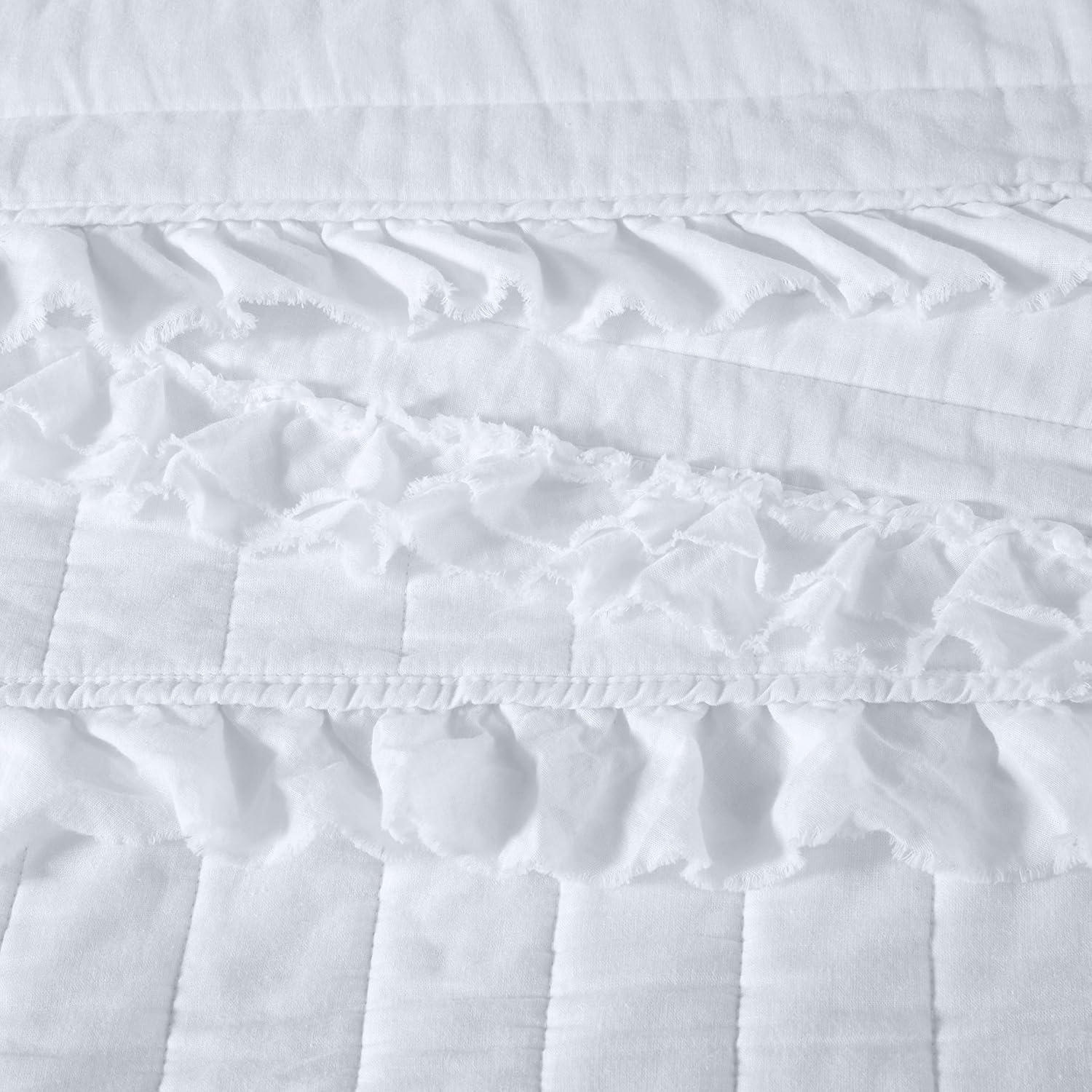 Chezmoi Collection Bonnie 3-Piece 100% Cotton Quilt Set Queen Size, White - Double Frayed Ruffled Edge Lightweight Pre-Washed Soft-Finished Cotton Bedspread for All Season
