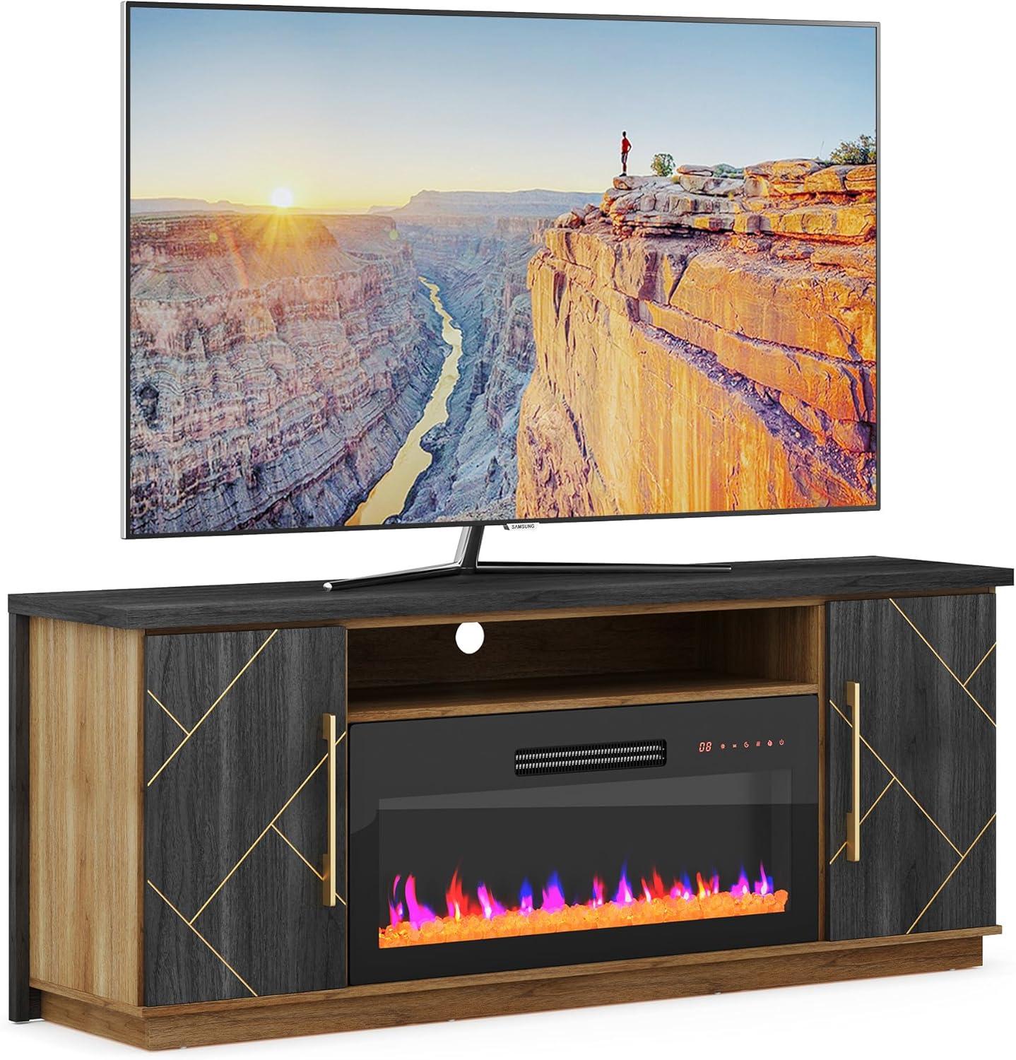 BELLEZE 68 Inch Electric Fireplace TV Stand With Gold Grim, Elegant Entertainment Center With Storage, Media Console With Drawers & Open Shelves for Living Room, Bedroom Home Theater (Espresso Black)