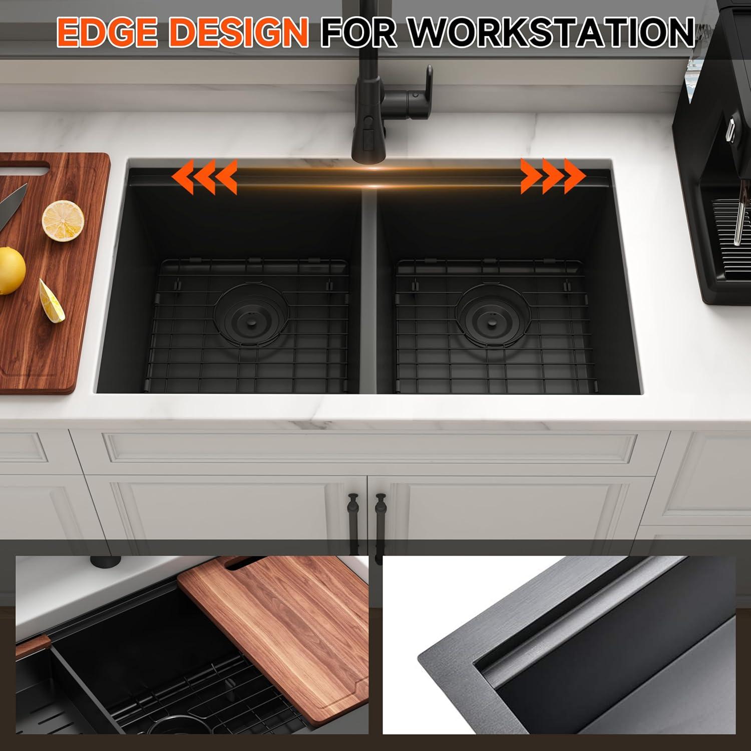 Blenzia 32 Inch Gold Double Bowl Kitchen Sink Undermount 50/50 Stainless Steel 16 Gauge Sinks 32" X 18" X 10"