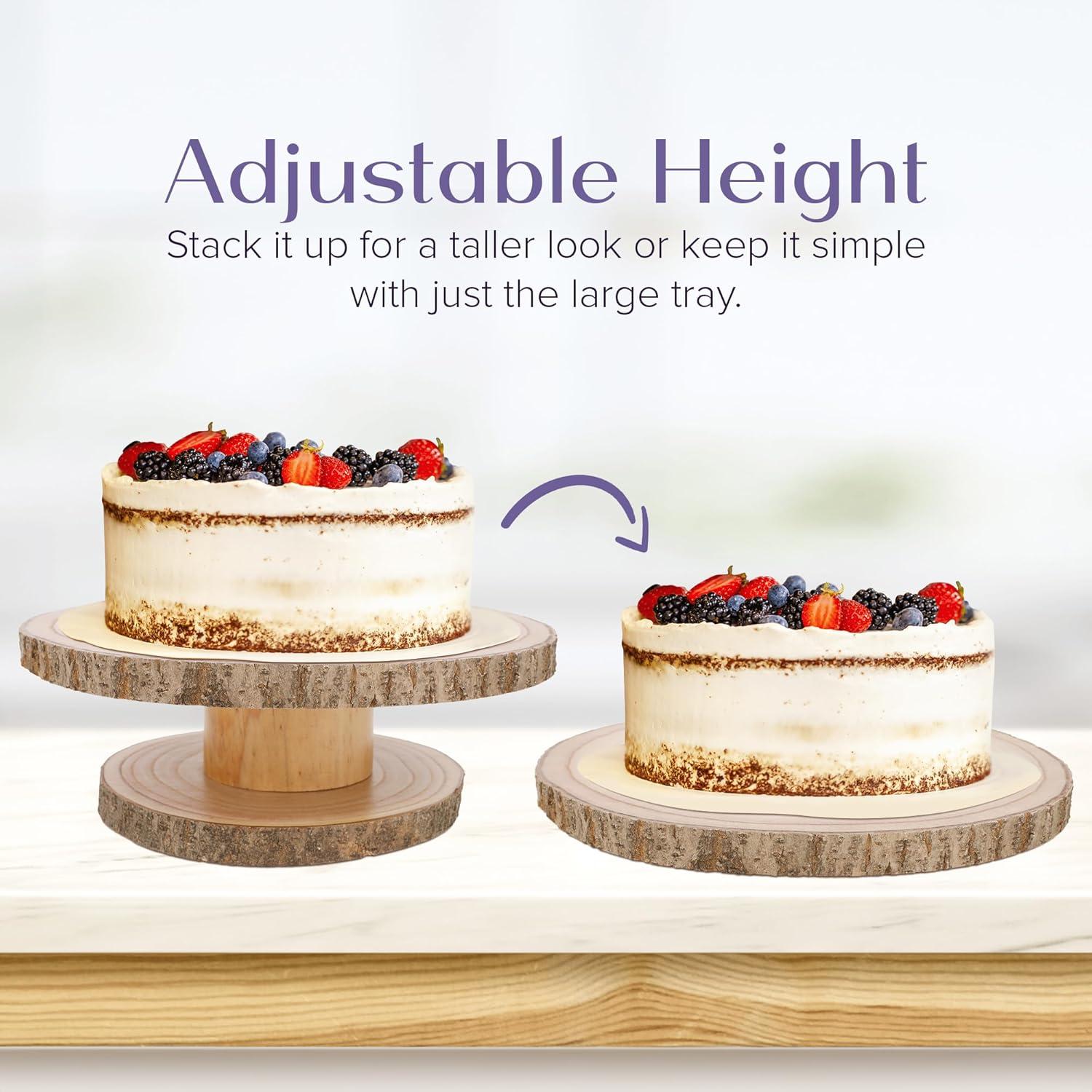 Wooden Cake Stand Rustic, 10-11 inch Multifunctional 2-in-1 Wedding Rustic Cake Stand, Wood Display Tray for Appetizers, Desserts, Charcuterie Board, Farmhouse Tree Stump Style, Sturdy, Easy to Clean