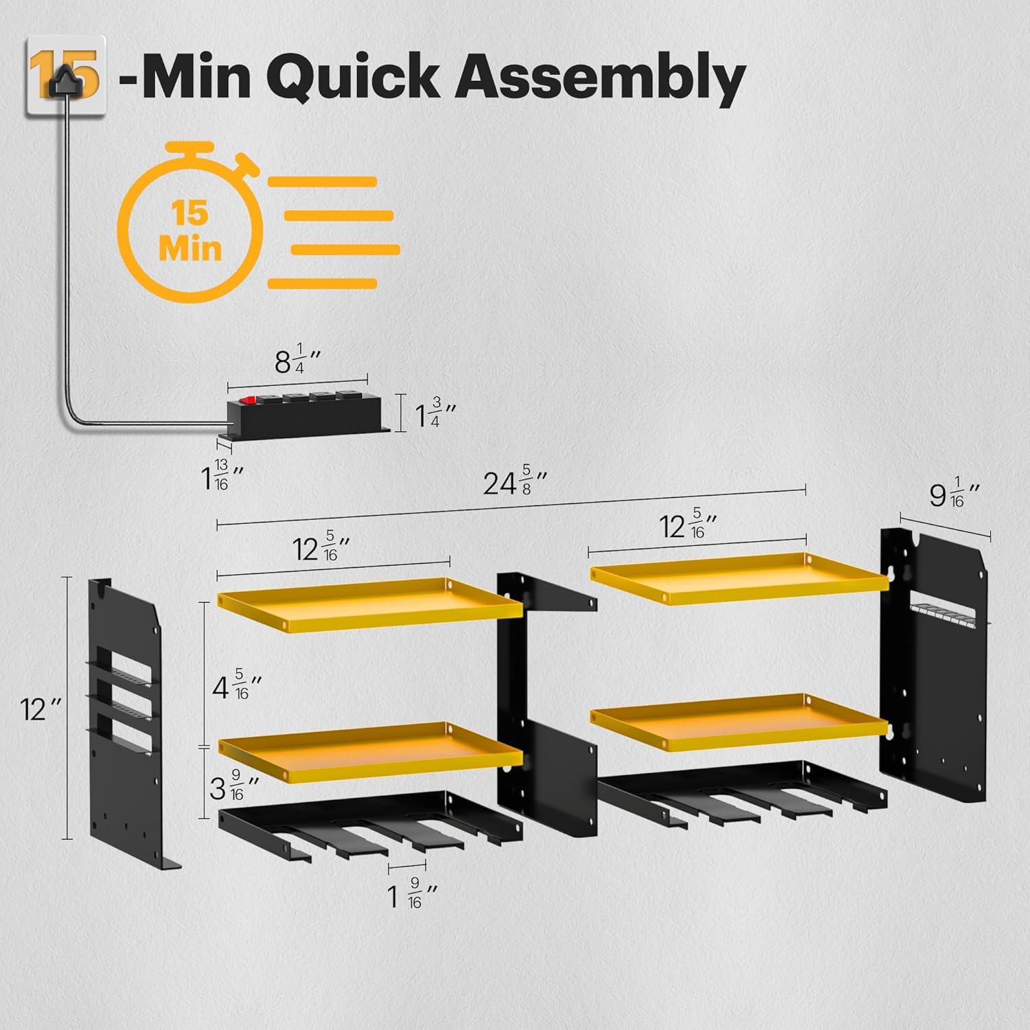 Spampur Power Tool Organizer Wall Mount with Charging Station, Garage Tool Shelf 6 Drill Holders, Tool Battery Holder with Plier holder Heavy Duty Rack, Tool Storage Rack with 4 Outlet Power Strip
