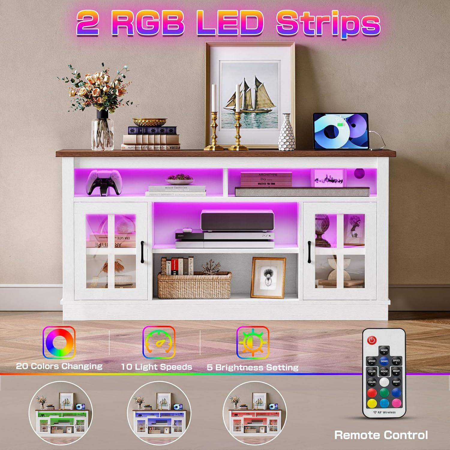 TV Stand for 65 Inch TVs,Farmhouse Entertainment Center with LED Lights and Charging Station,TV Cabinet/Console Table with Adjustable Shelves and Glass Doors for Living Room White+Walnut