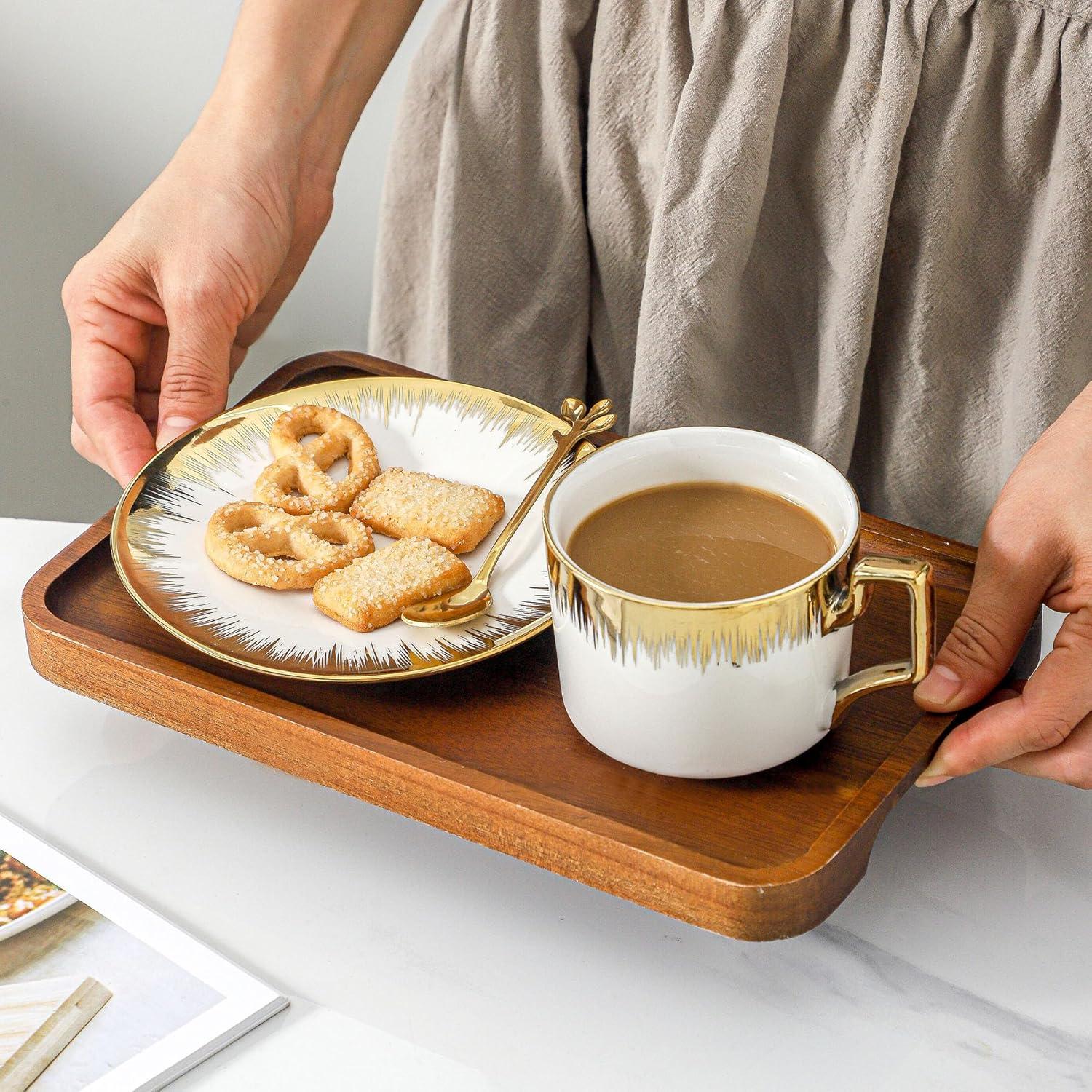 Cappuccino Cups With Saucers, 7 Oz Porcelain Double Espresso Cups Set, Ceramic Turkish Coffee Cups With Gold Trim, Tea Cups Set Of 6, Cafe Cups For Latte, Mocha, Au Lait, White