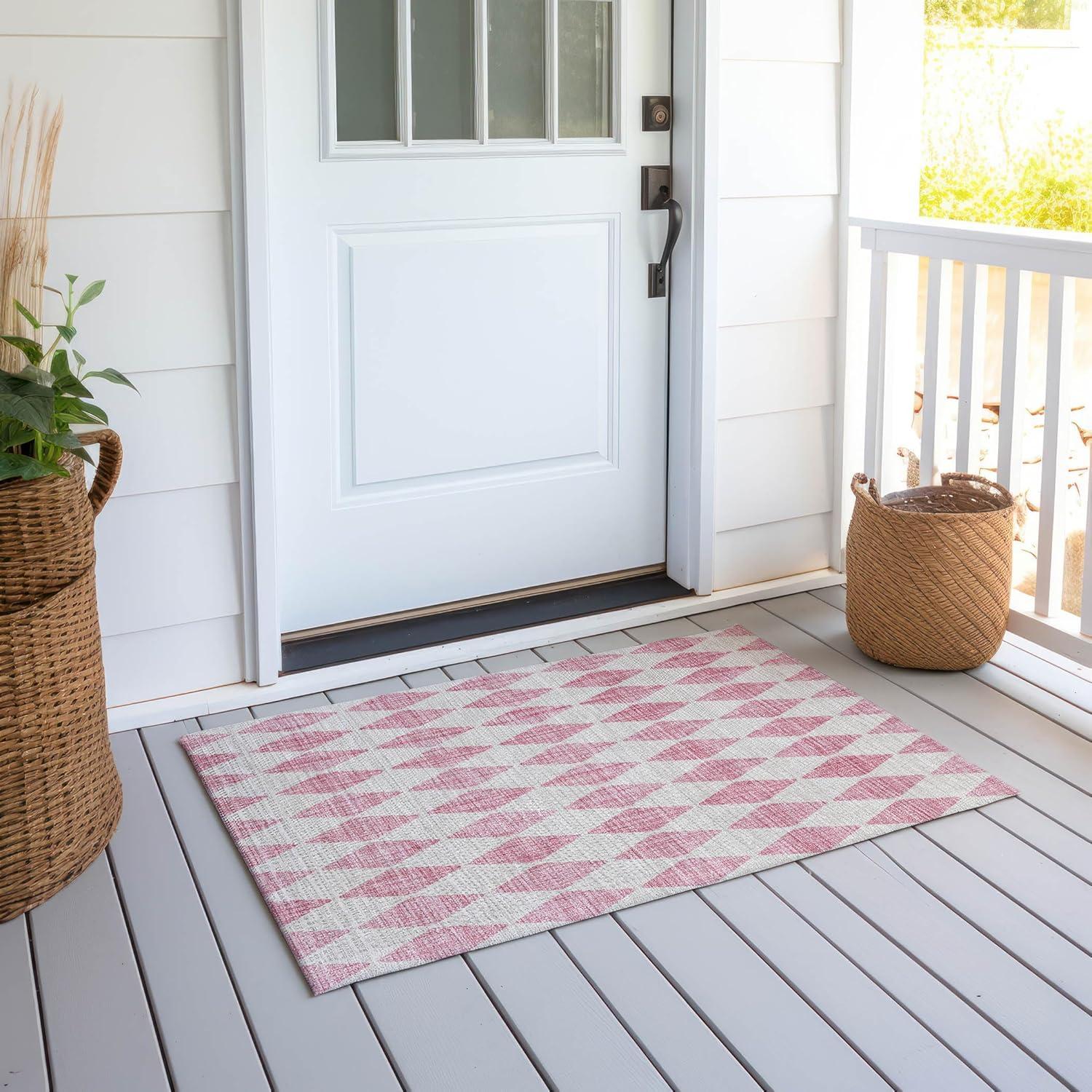 Pink Diamond Pattern Machine Washable Rectangular Rug