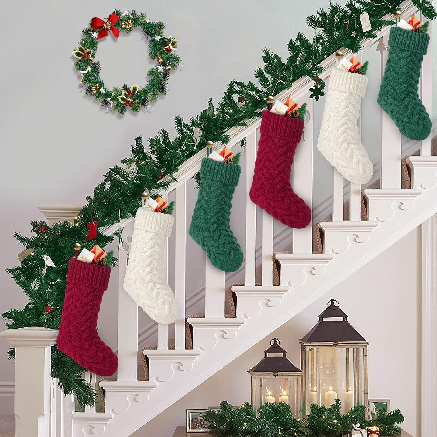 6pcs Christmas Stockings 18 inch Burgundy, Ivory, Green Vintage Cable Knit Xmas Stockings for Family Christmas DecoratioBurlap Christmas Stockings Xmas Fireplace Hanging Stockings,Truck Christmas Buf