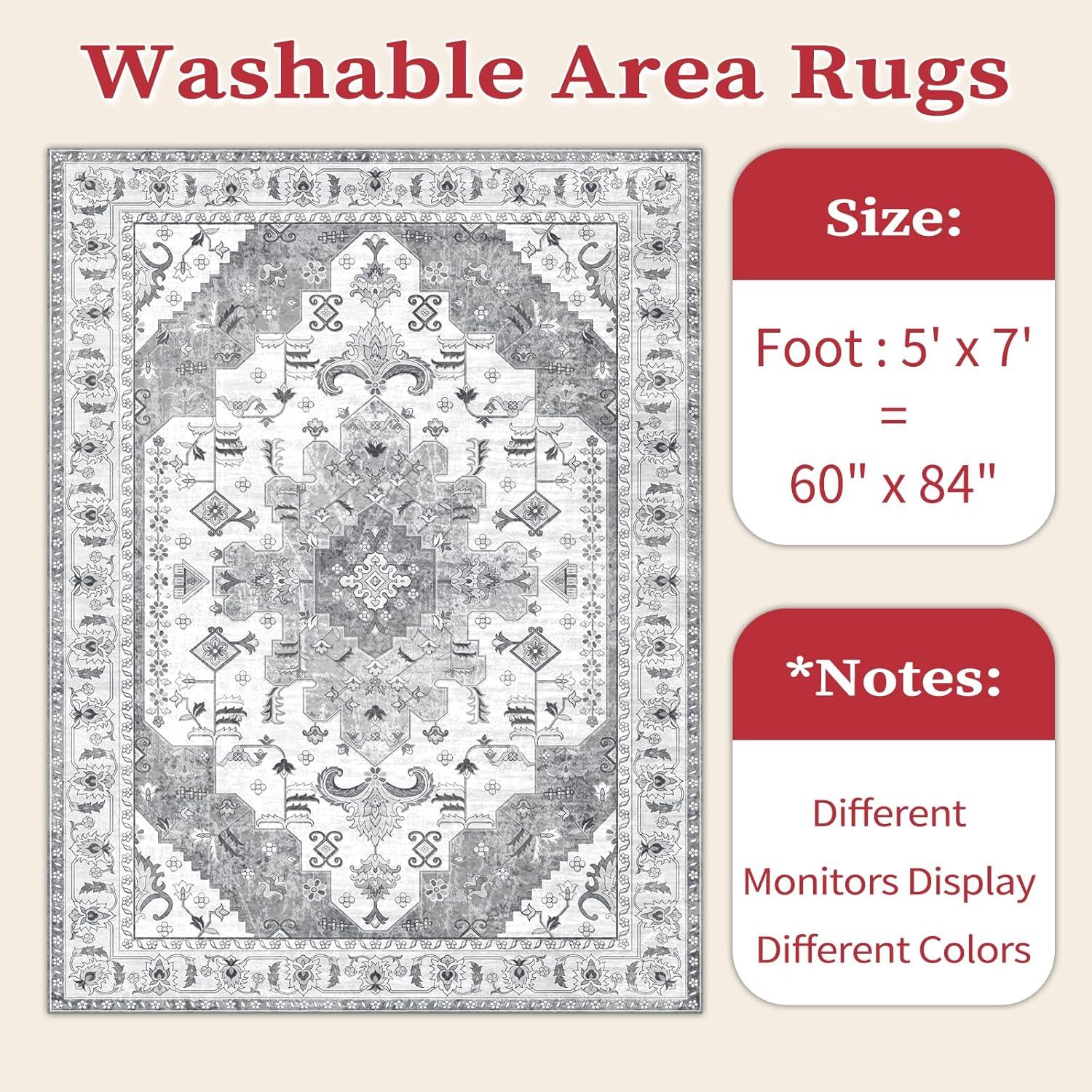 Gray 5' x 7' Vintage Washable Non-Slip Area Rug