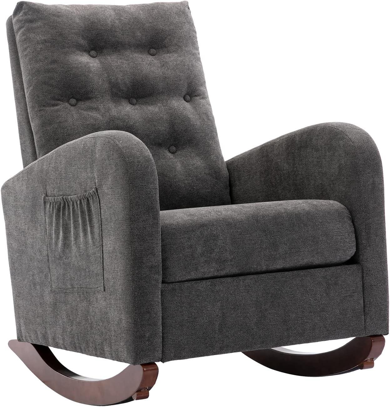 Antetek Modern Accent Rocking Chair, Upholstered Nursery Glider Rocker, Comfy Armchair with Side Pocket, Living Room Lounge Arm Chair, High Backrest with Decorative Buttons, Dark Grey