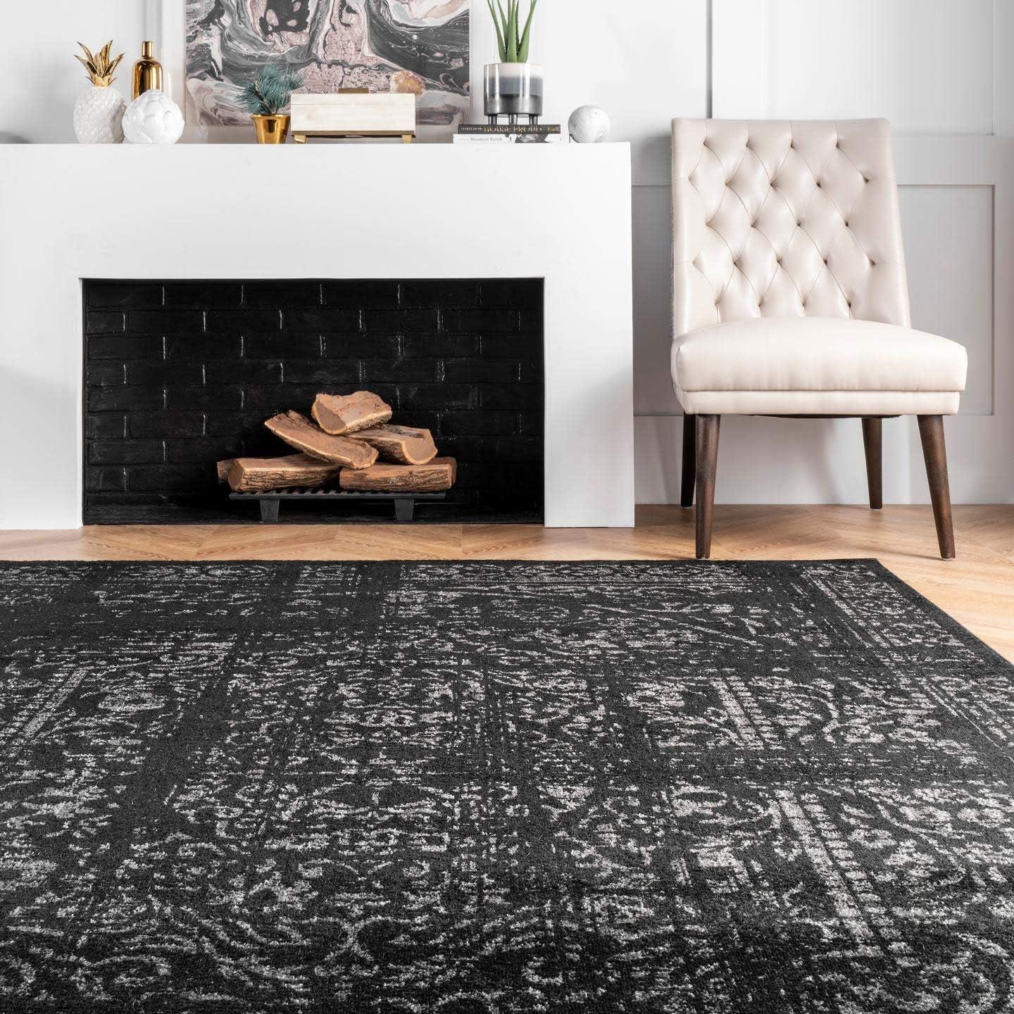 Reversible Rectangular Black Synthetic Stain-Resistant Area Rug 25" x 4"