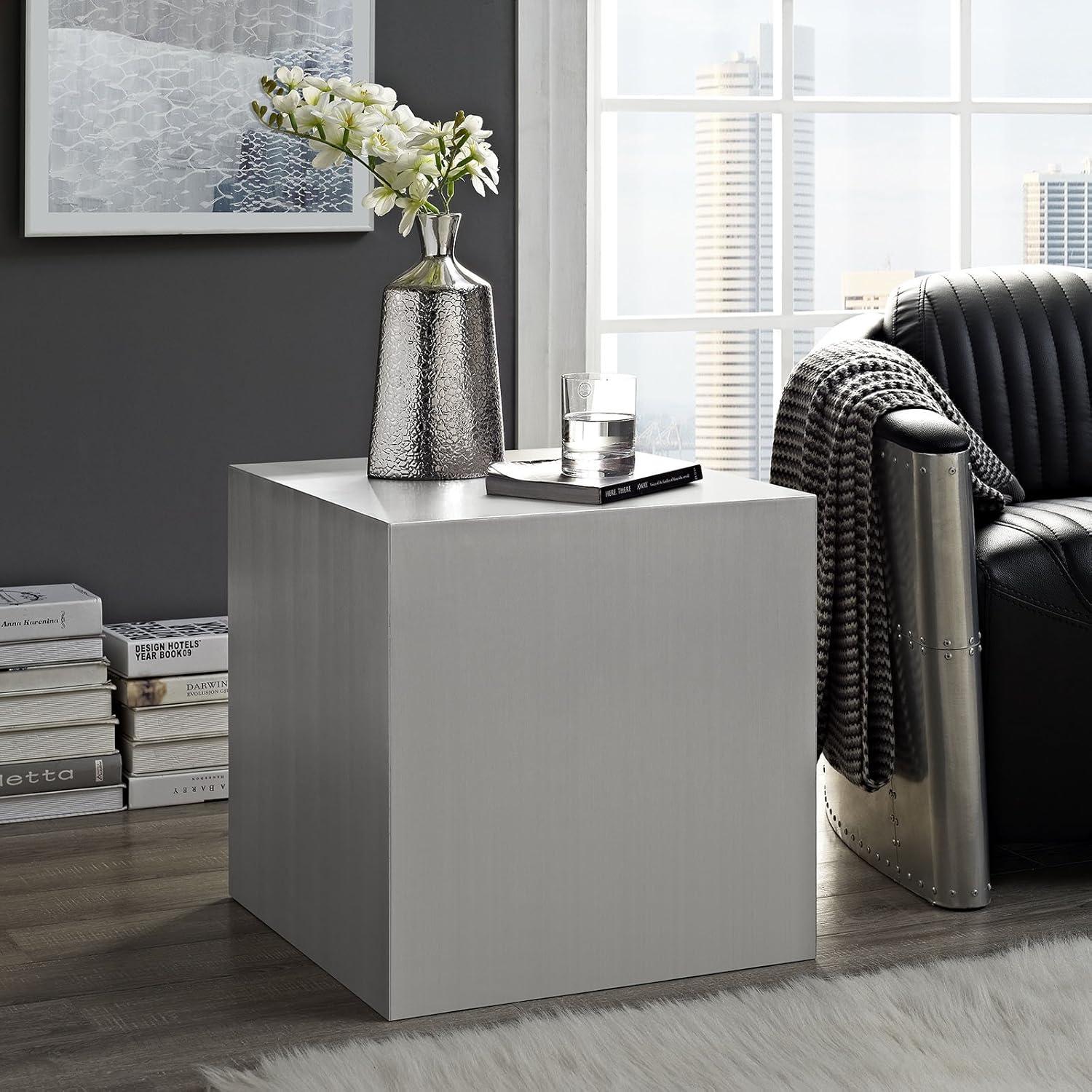 Silver Stainless Steel Modern Square Side Table