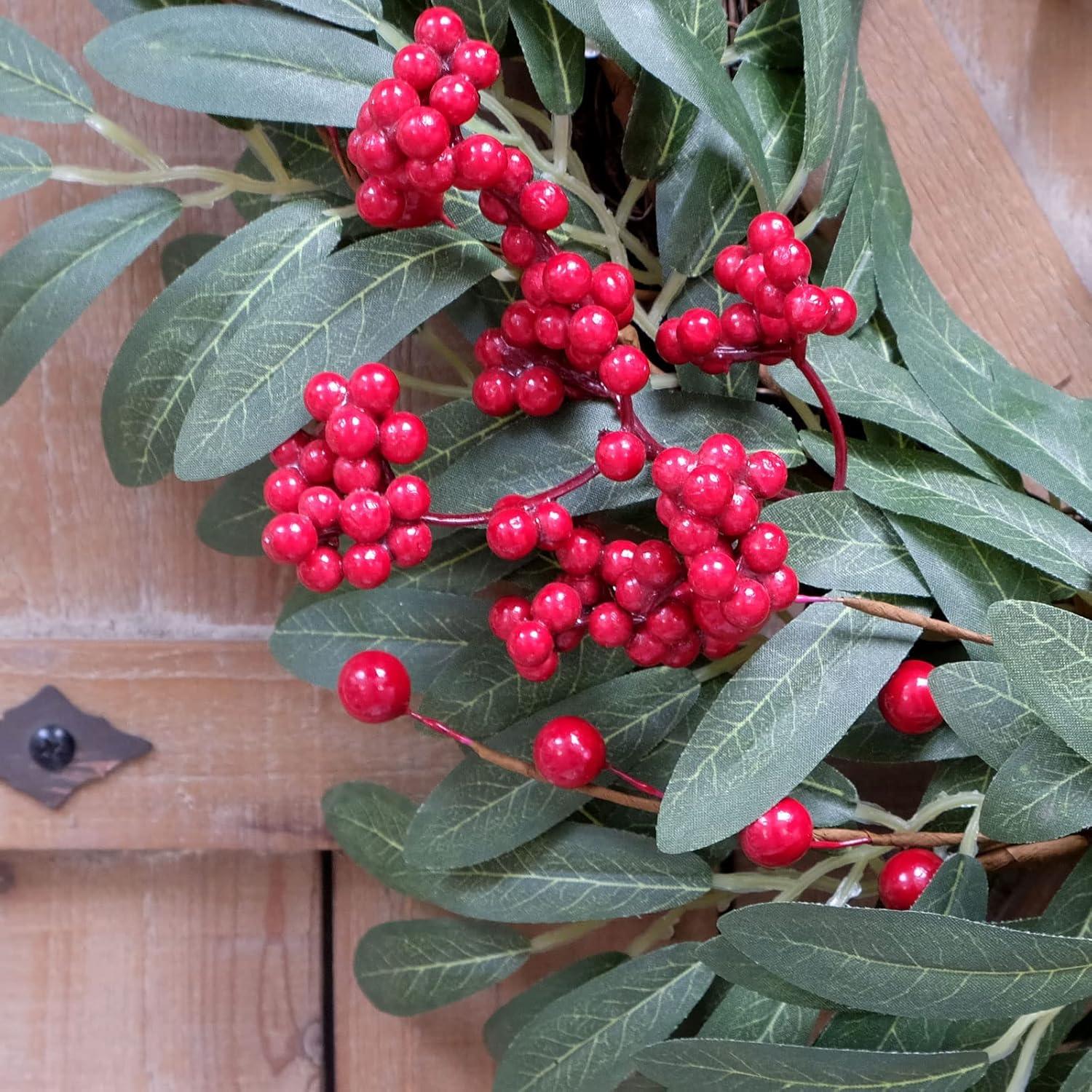 Christmas Olive Wreath For Front Door Christmas Red Berry Wreath, Winter Bowknot Leaves Wreath With Red Berry And Jingle Bell Farmhouse Front Door Wreath