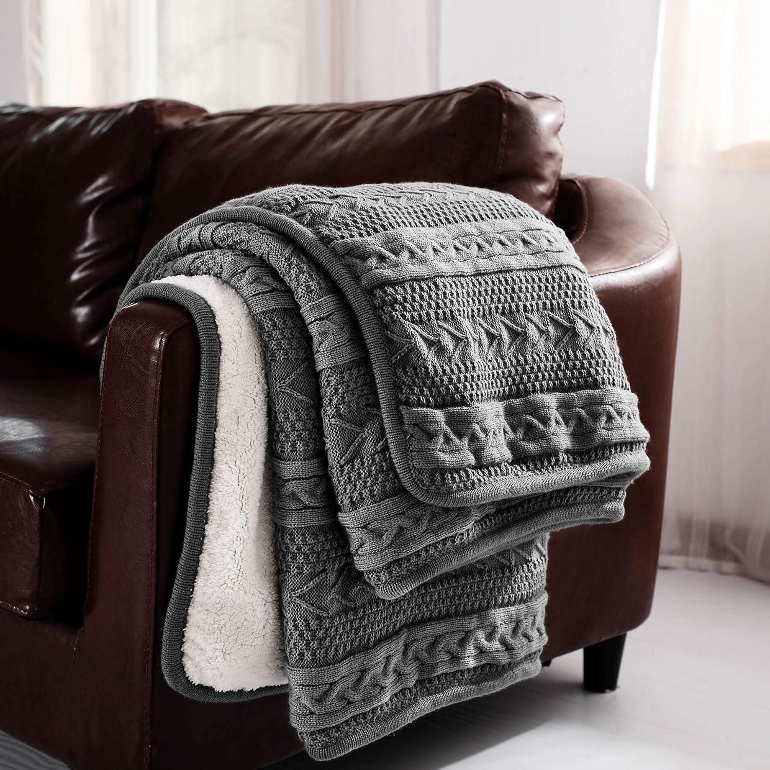 Gray Acrylic Cable Knit Sherpa Reversible Throw Blanket