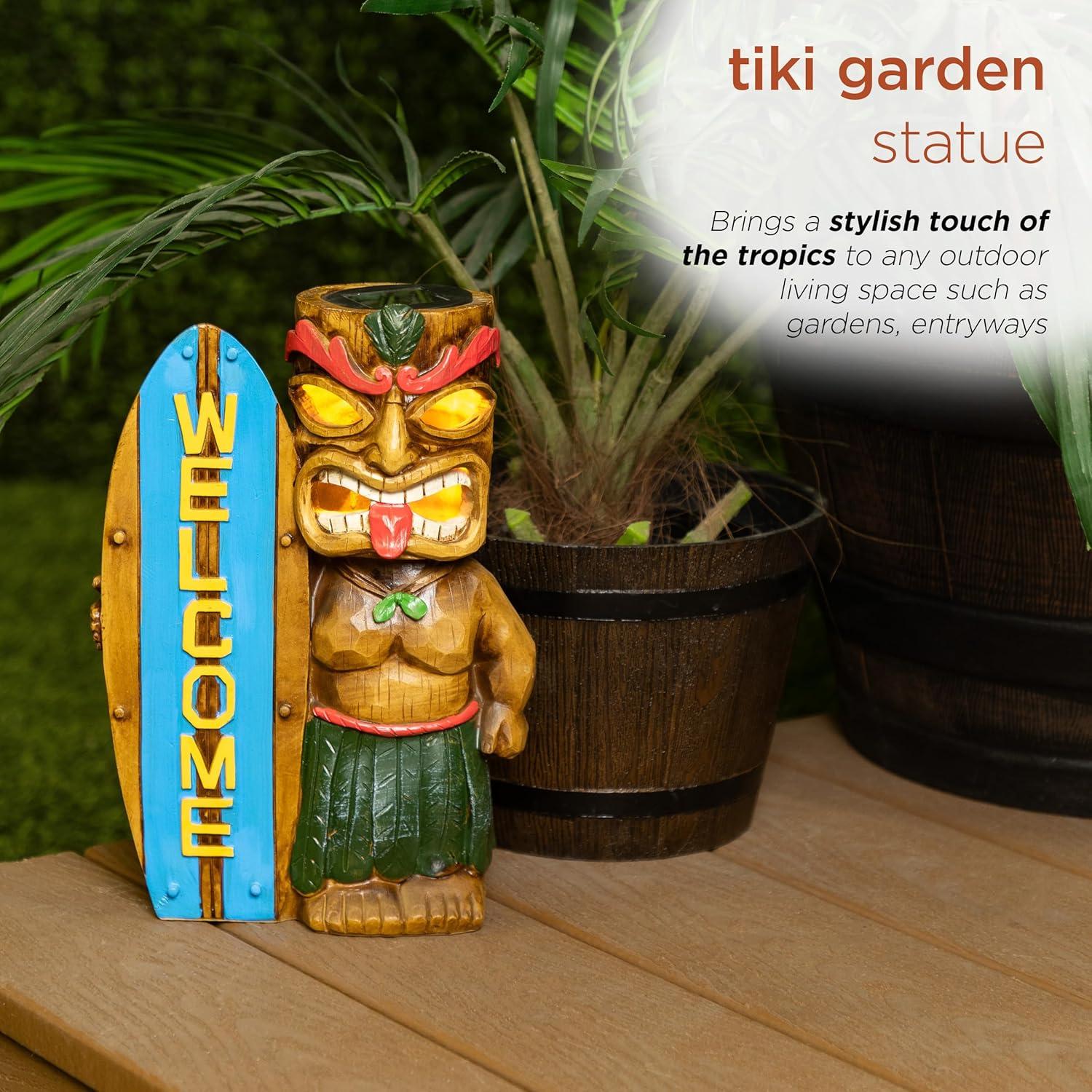 Alpine Corporation Solar Tiki with Welcome Surf Board Statuary and LED Lights