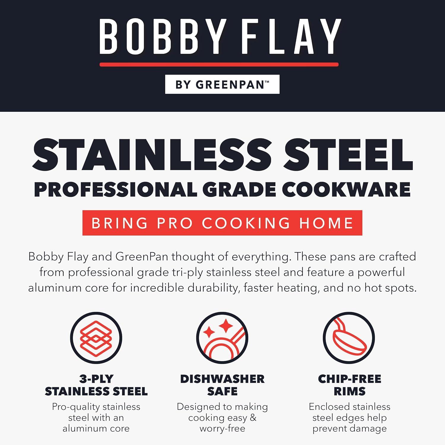 GreenPan x Bobby Flay 12” Stainless Steel Frying Pan with Glass Lid, 3 Ply Stainless Professional Cookware, Induction Suitable