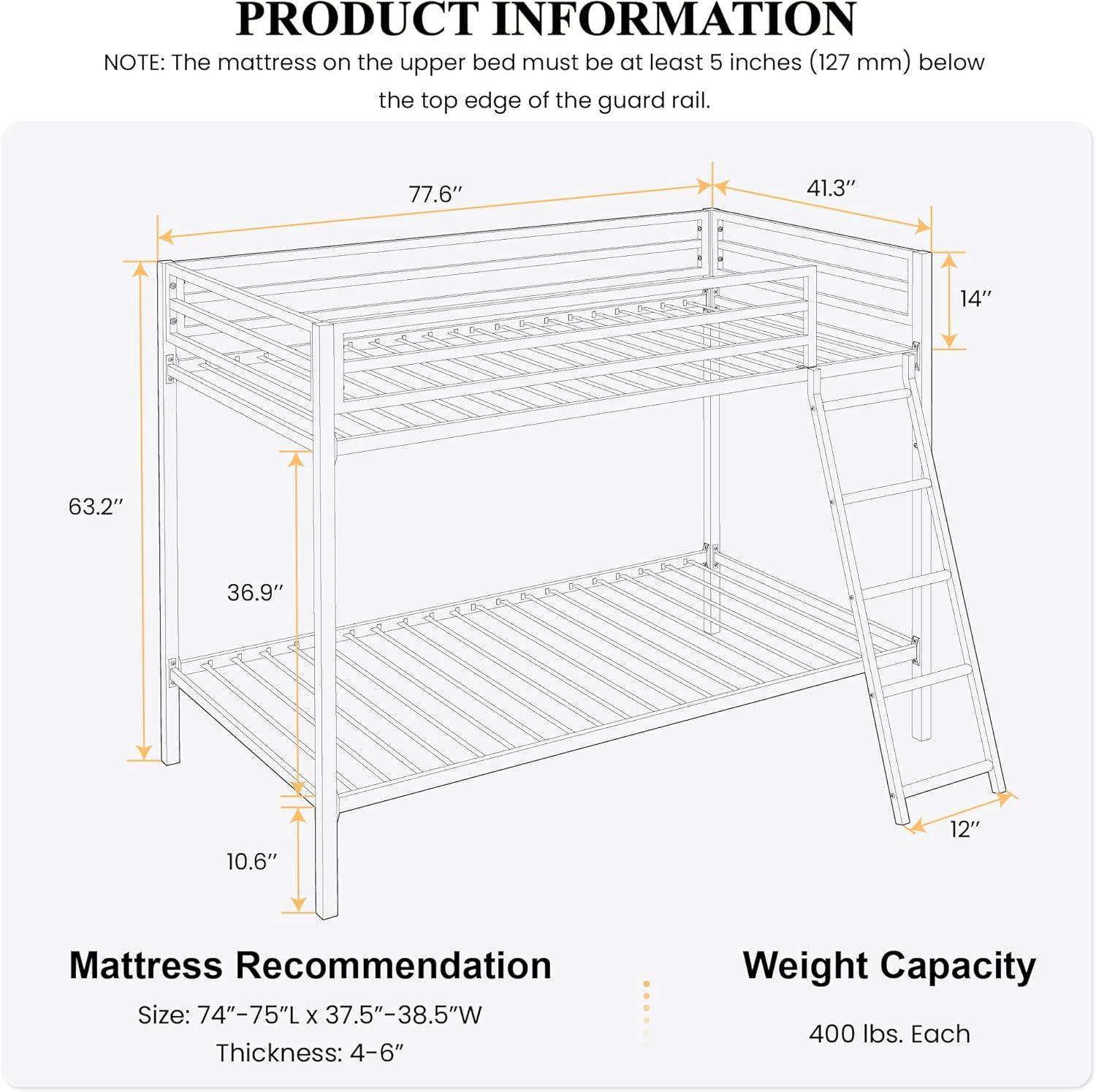 SHA CERLIN Black Twin Over Twin Metal Bunk Bed for Juniors, Industrial Frame with Inclined Stairs & Full-Length Guardrail