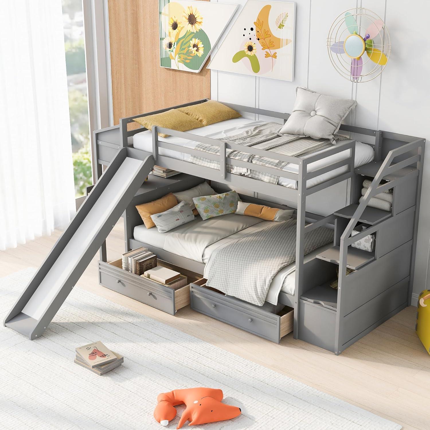 Bellemave Bunk Bed with Desk, Stairs and Slide, Wood Twin Over Twin Bunk Beds with Storage Shelves, Drawers for Kids Teens Girls Boys (Grey)