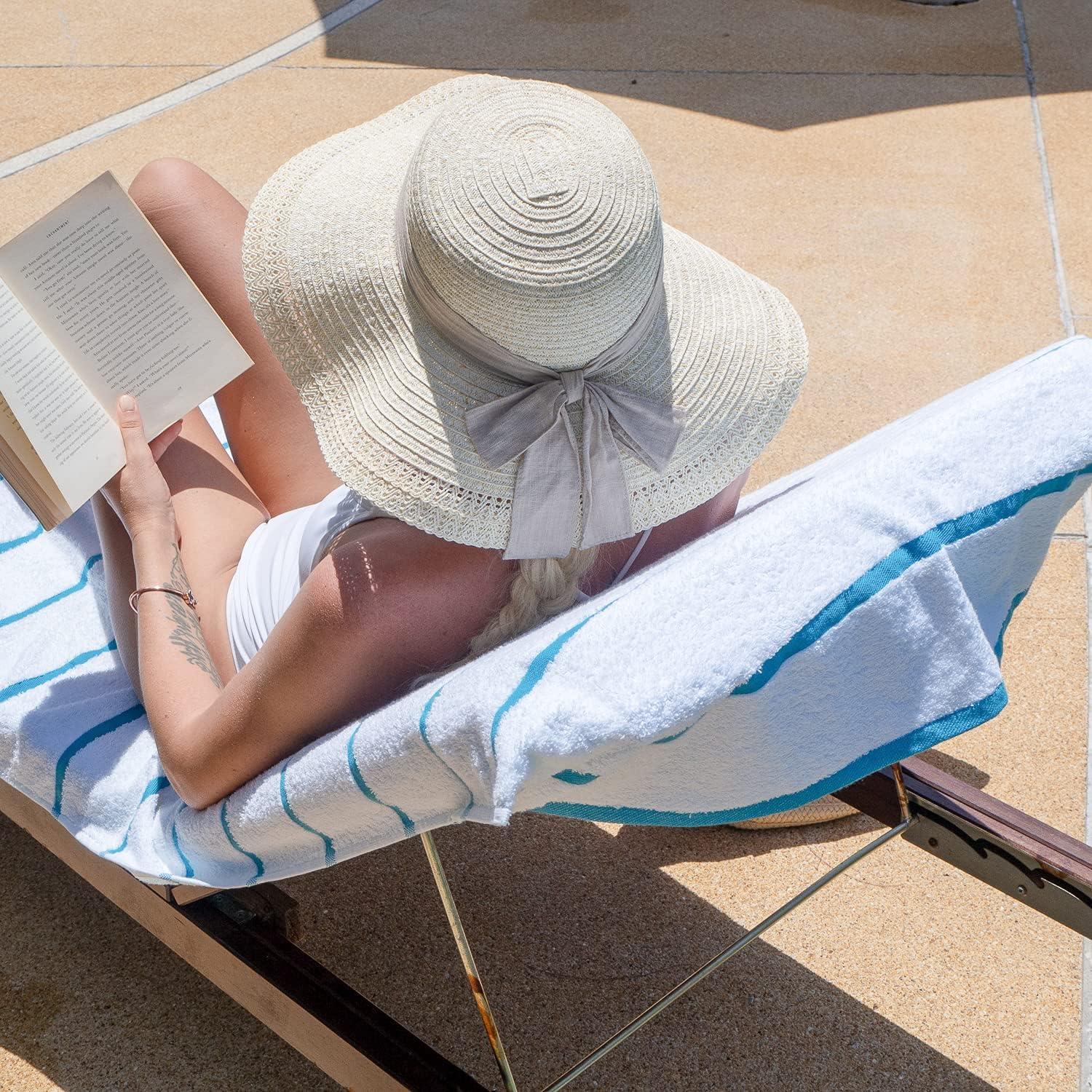 Arkwright Las Rayas Chaise Lounge Cover - (Pack of 2) 100% Cotton Terry Towel with Fitted Pocket, 30x85 - Blue