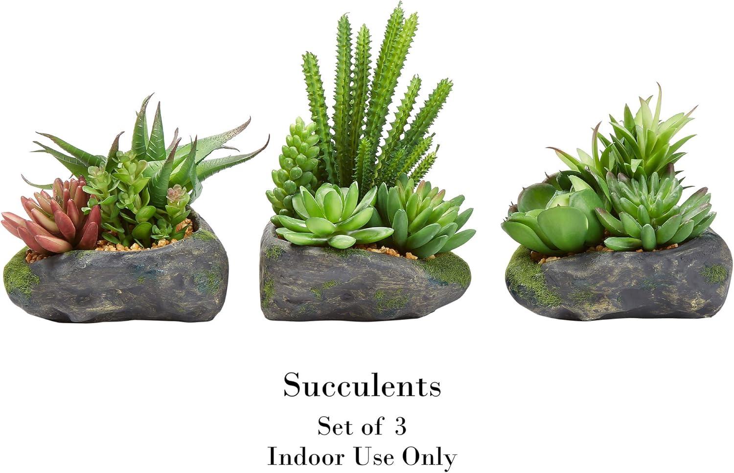 Rustic 3-Piece Faux Succulent Set in Stone Pots, UV-Protected Plastic