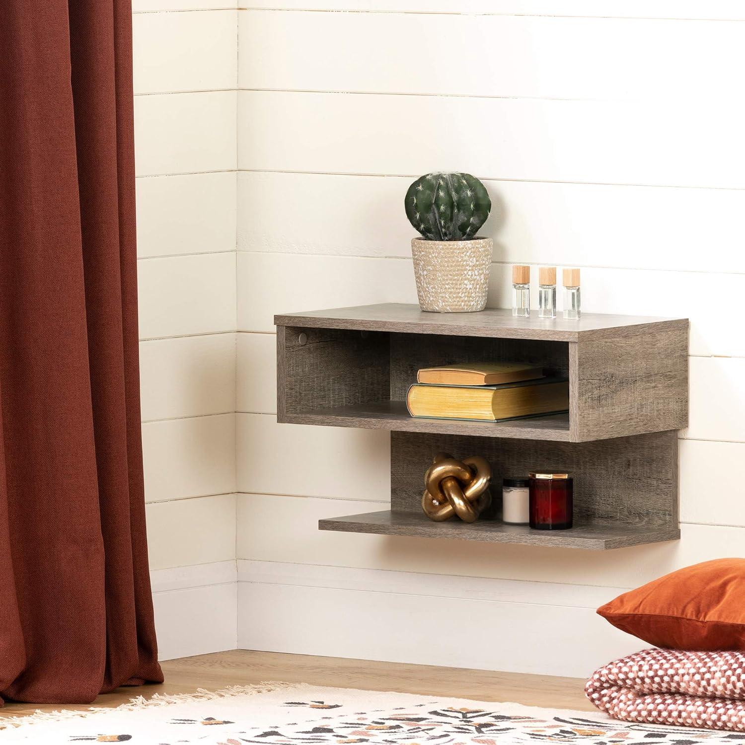 Weathered Oak Modern Floating Nightstand with Open Shelves