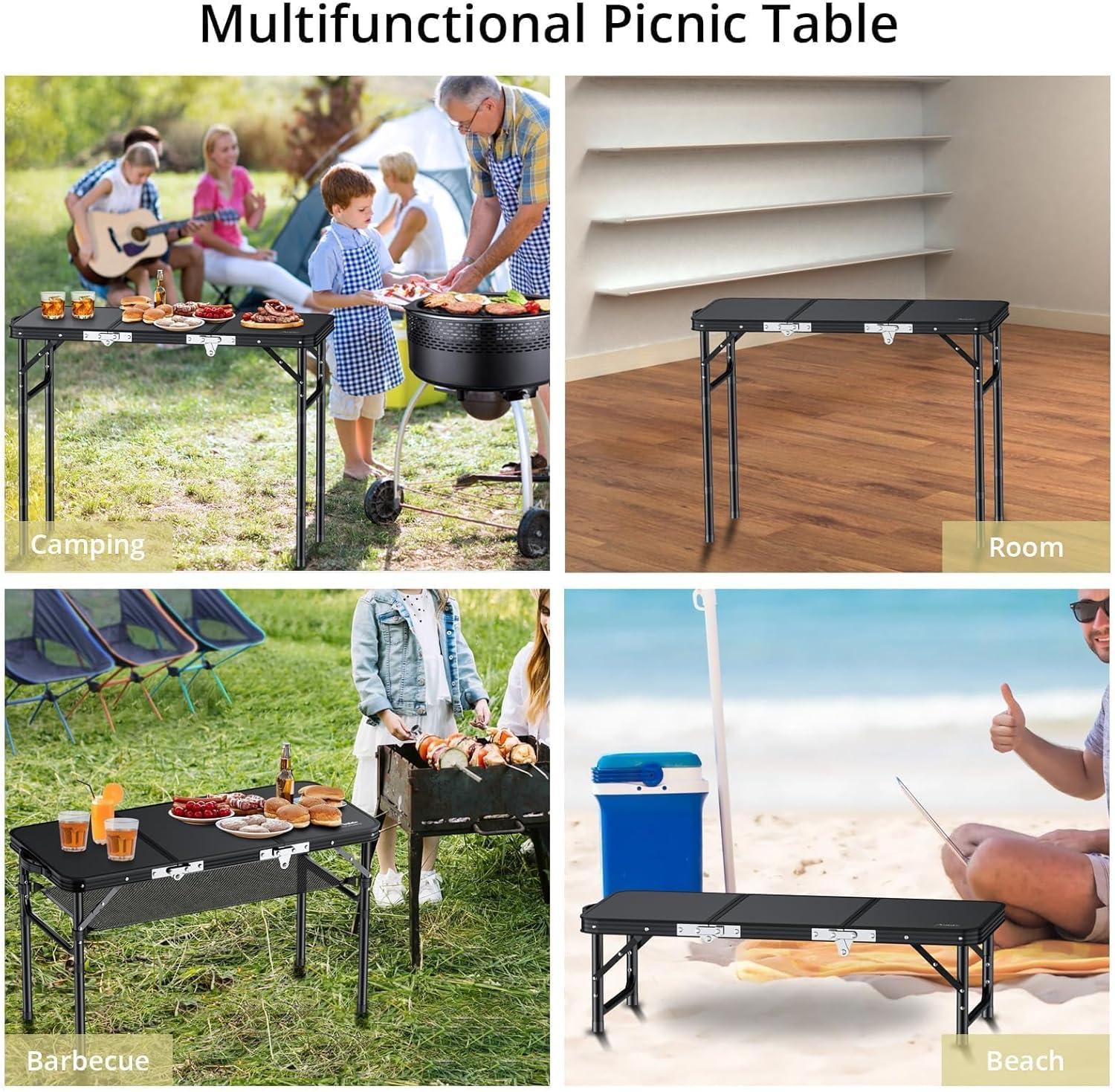 Black Aluminum Folding Camping Table with Adjustable Heights and Storage Net
