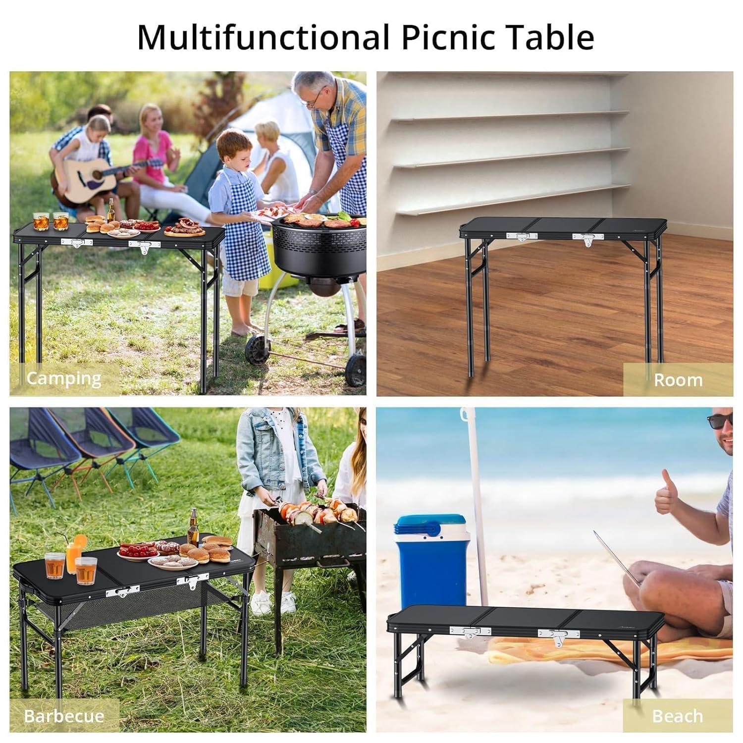 Black Aluminum Folding Camping Table with Adjustable Heights and Storage Net
