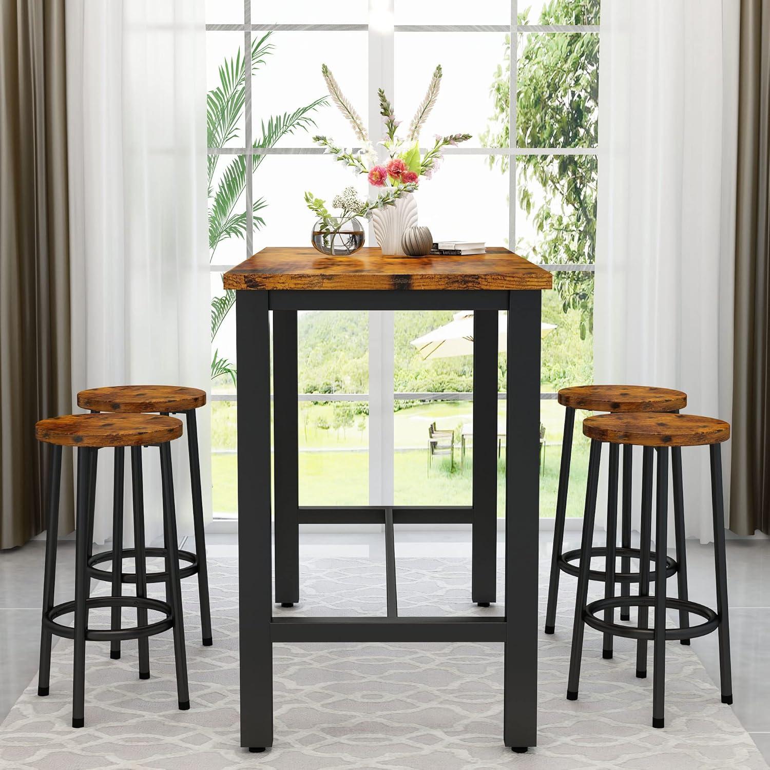 AWQM Bar Table and Chairs Set, Industrial Counter Height Pub Table with 4 Chairs, Wood Bar Table Kitchen Table Set, Rustic Brown