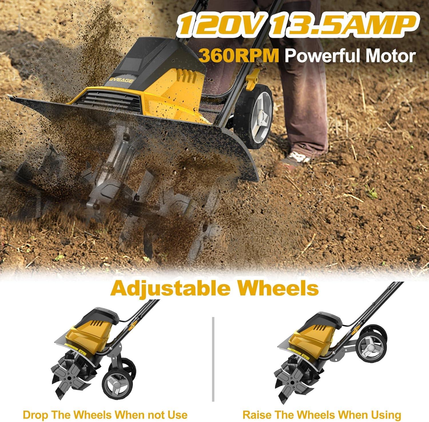EVEAGE Electric Tiller for Garden, 18 Inch Power Tillers and Cultivators Electric, 13.5AMP Rototiller Cultivator Garden Tool, 4'' - 8'' Tilling Depth Foldable Handle