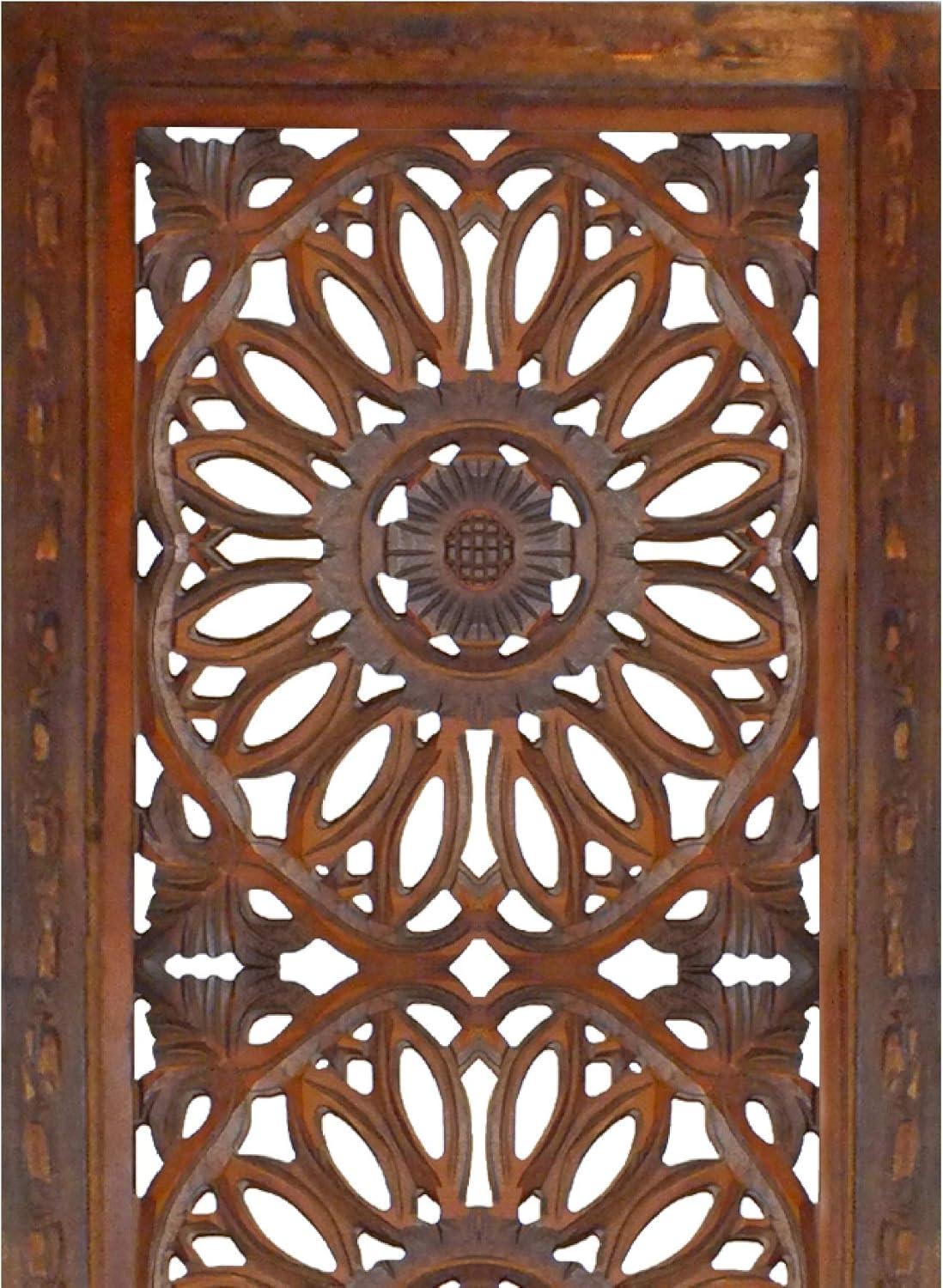 2 Piece Mango Wood Wall Panel Set with Mendallion Carving in Burnt Brown