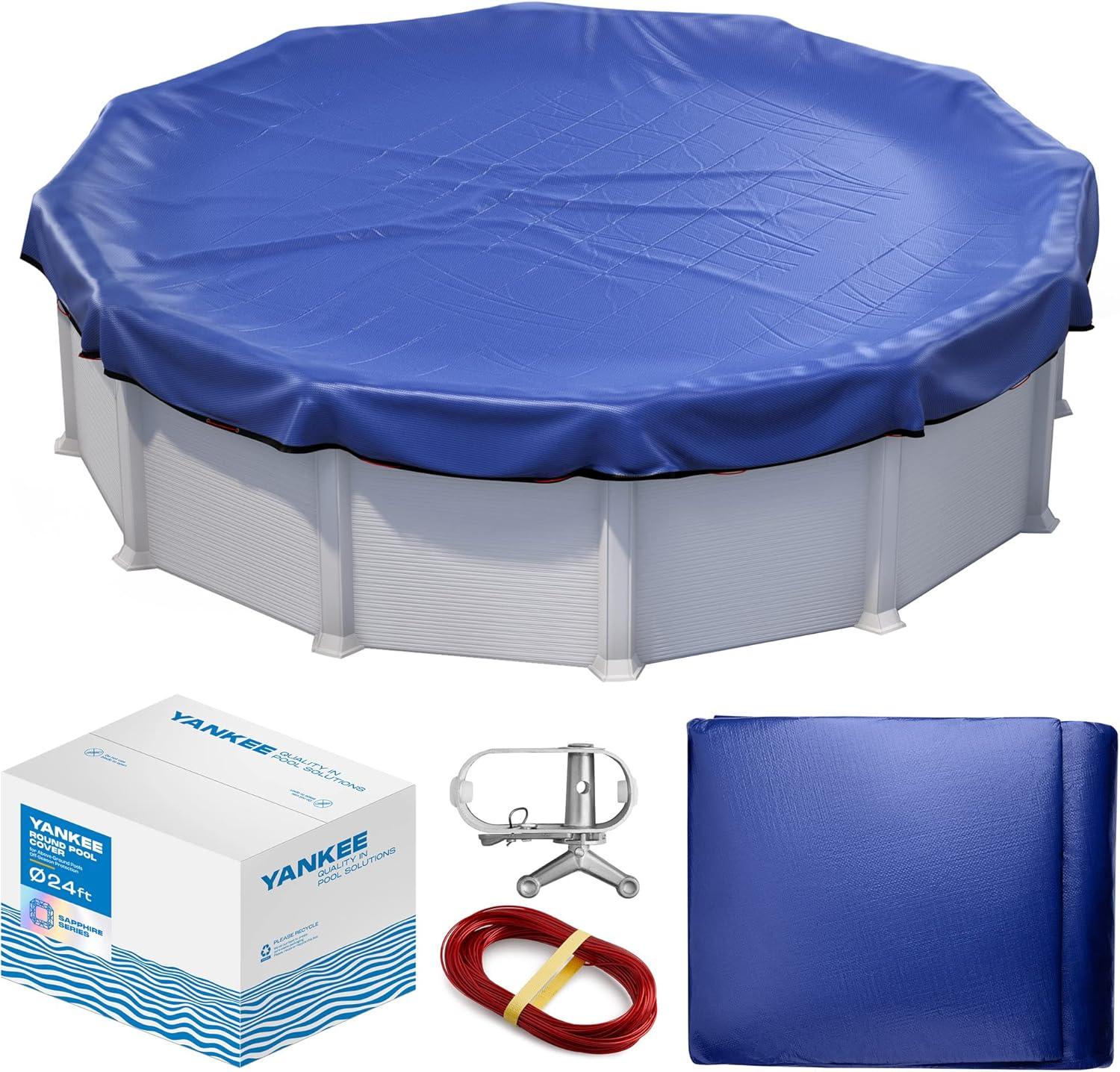 24ft Round Blue Above Ground Pool Cover with Steel Cable