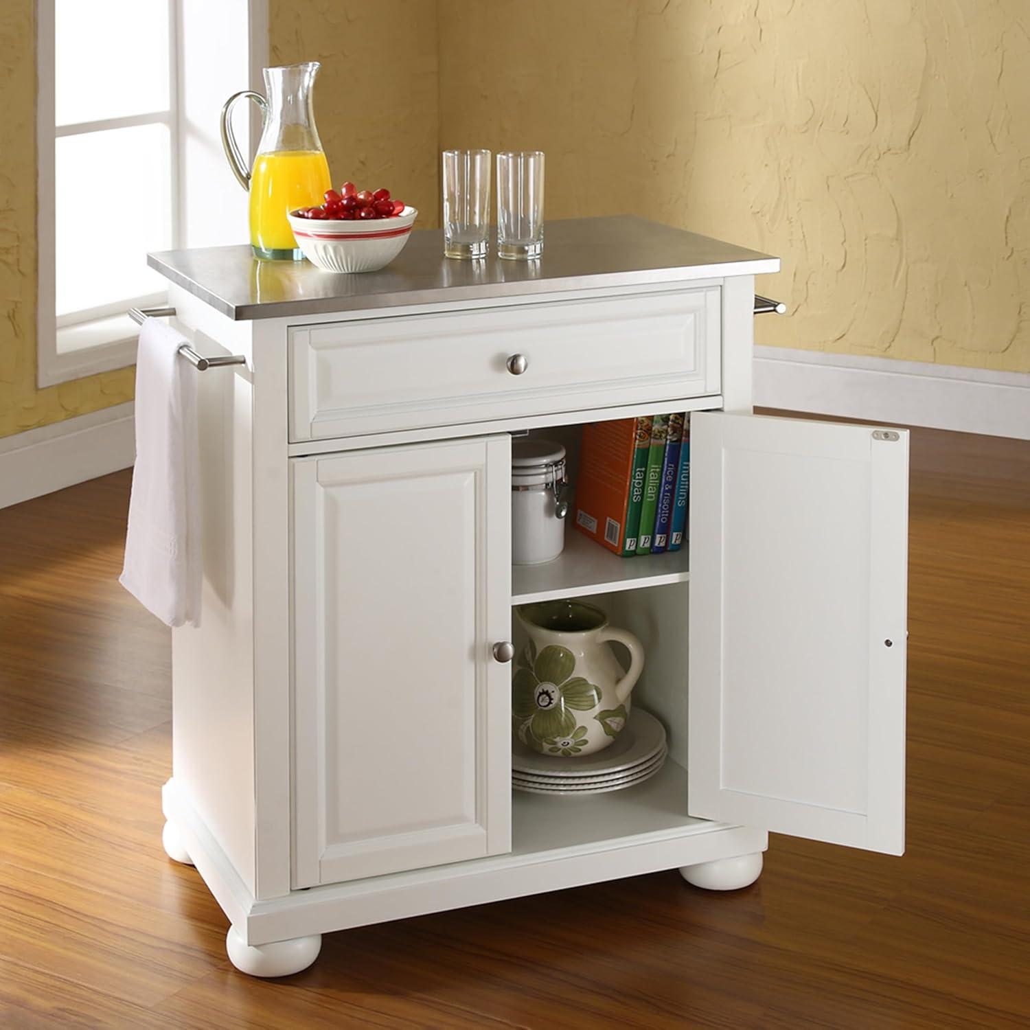 Crosley Alexandria Stainless Steel Top Portable Kitchen Island White : Hardwood Construction, Adjustable Shelf