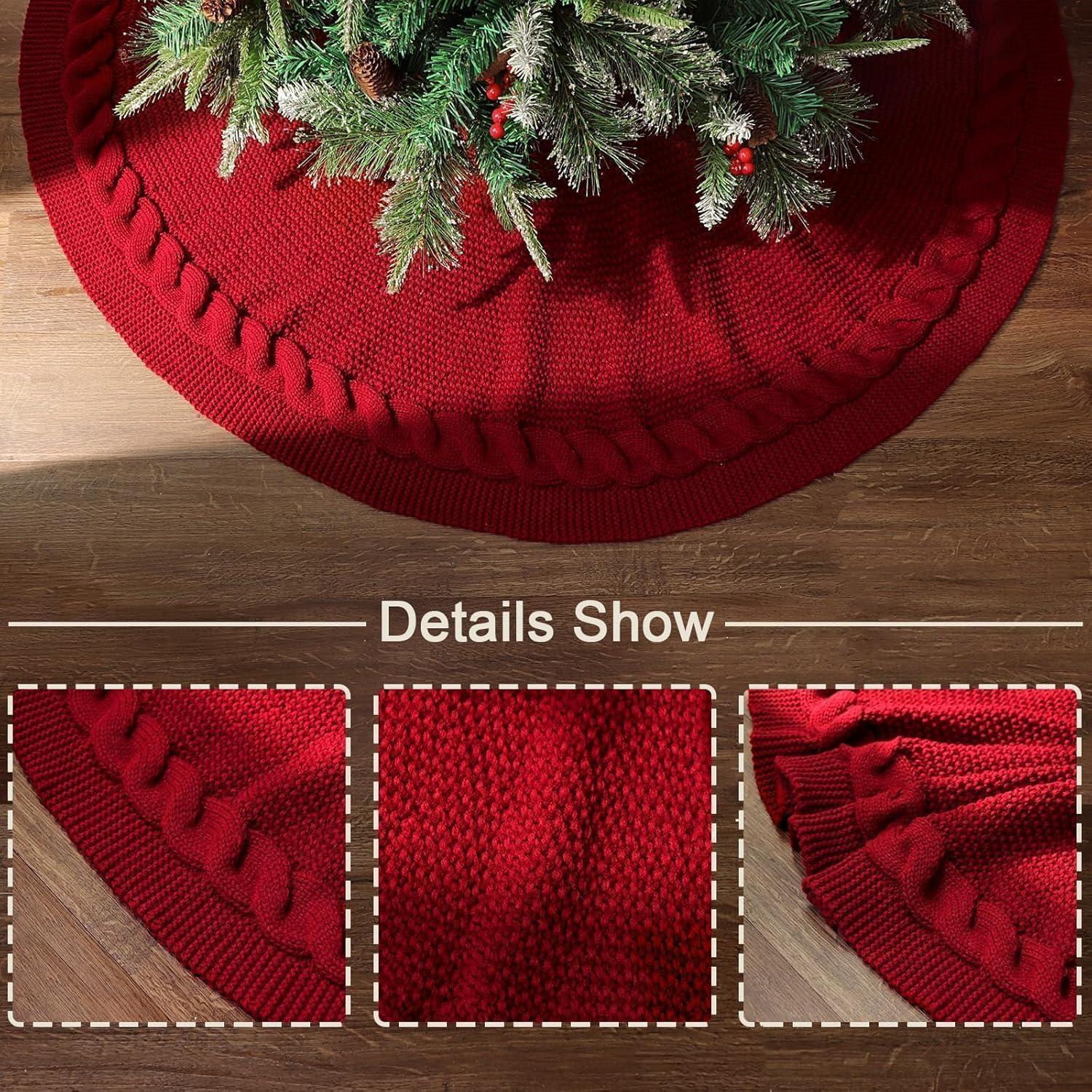 TETOU 48In Knitted Christmas Tree Skirt, Wine Red Tree Skirt, Braided Cable Knit Thick Rustic Christmas Tree Decorations, Farmhouse Christmas Decor Xmas Holiday Home Party Decorations