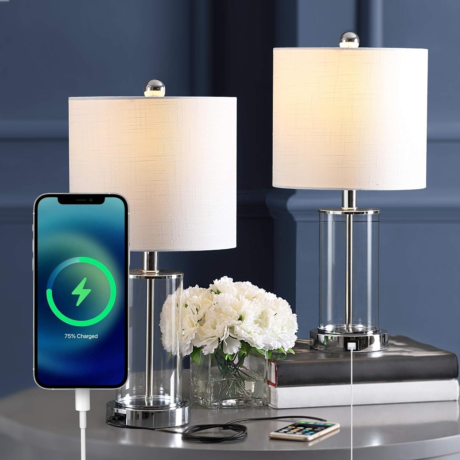 Abner 21" Glass Modern Contemporary USB Charging LED Table Lamp, Chrome (Set of 2)