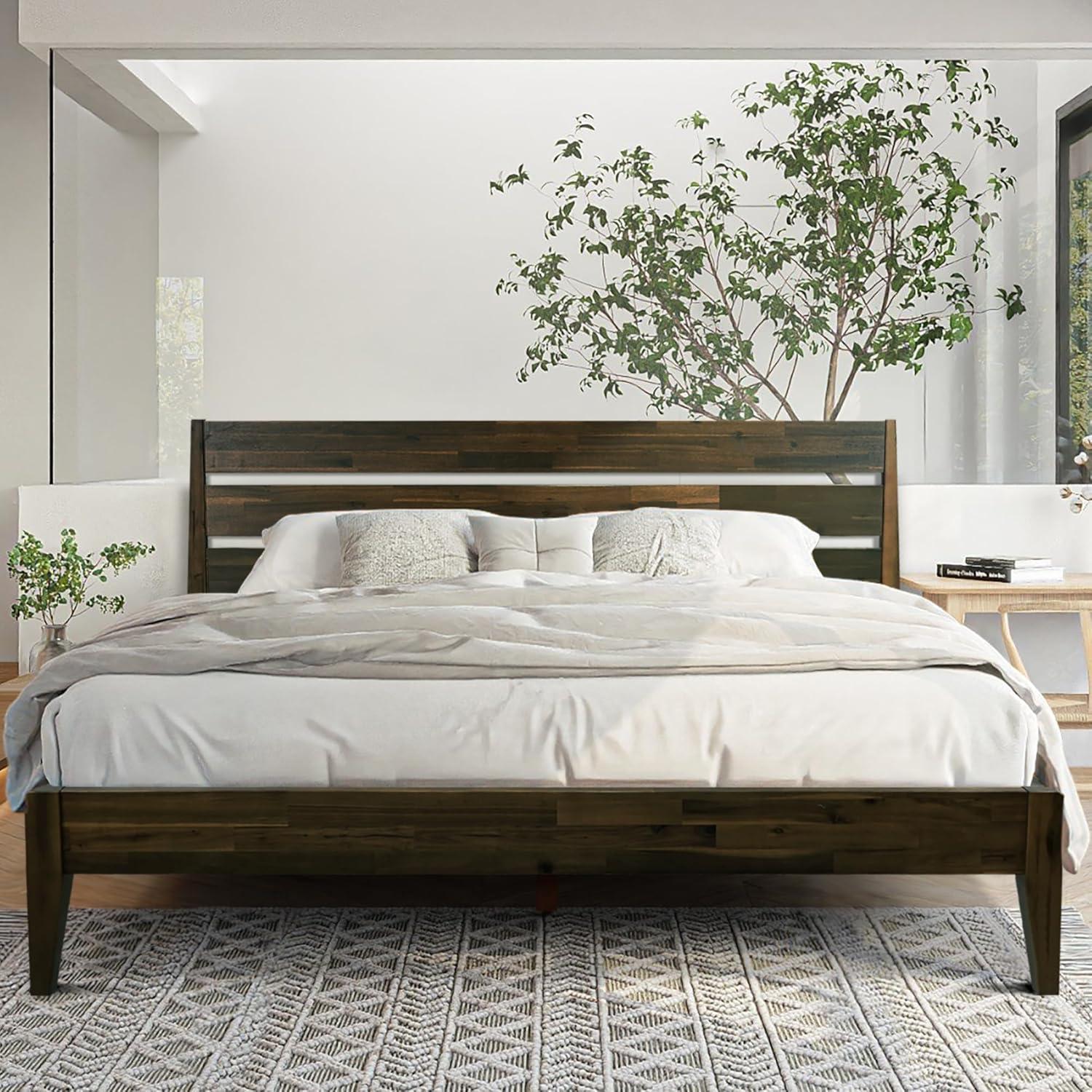 Acacia Bed Frame with Headboard Solid Wood Platform Bed