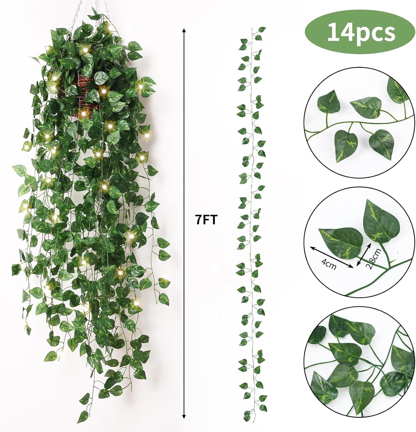 CEWOR 14 Pack 98 Feet Fake Ivy Leaves Artificial Garland Greenery Hanging Plant Vine for Bedroom Wall Decor Wedding Party Room Aesthetic Stuff