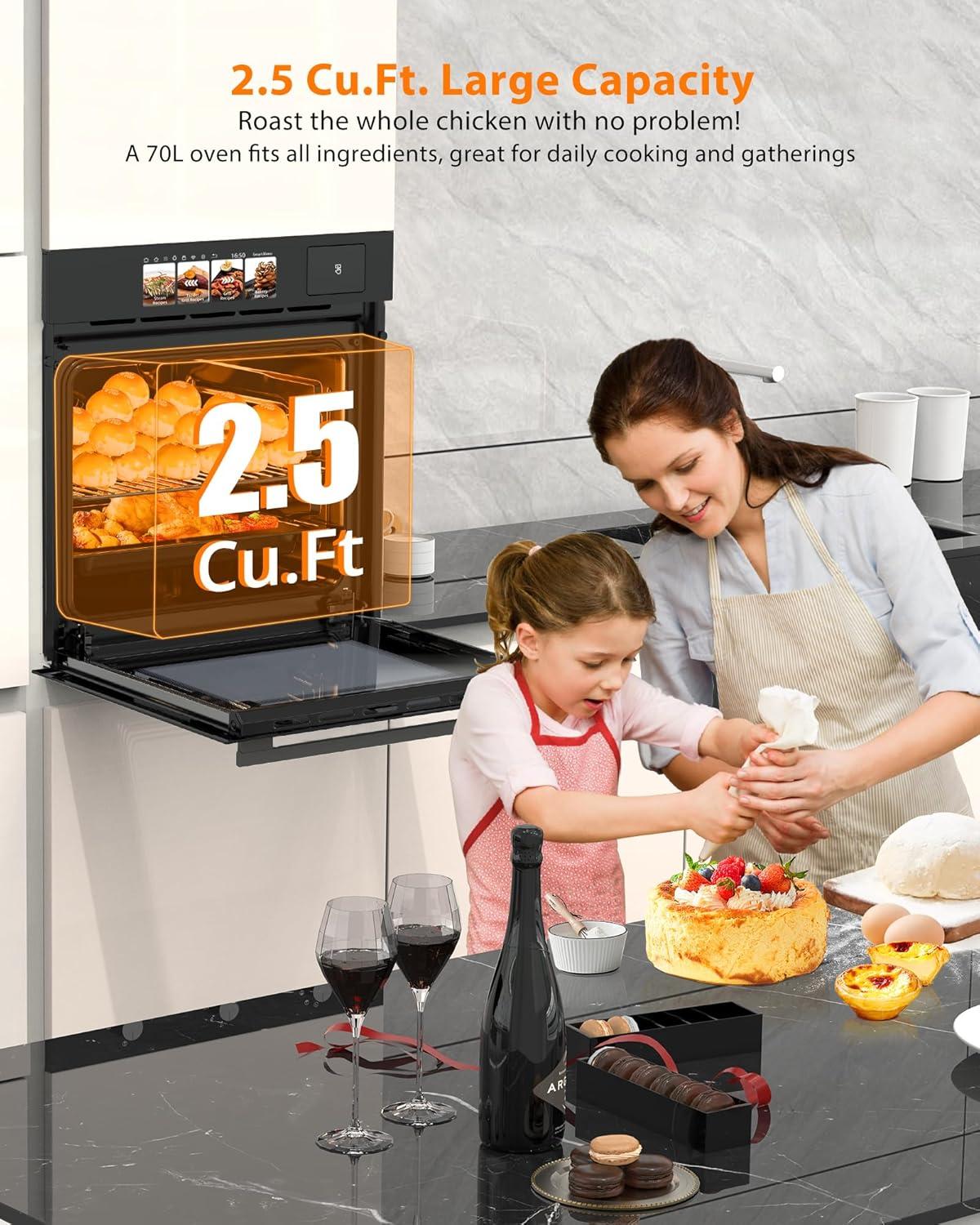 24" Electric Ovens Single Wall Oven,2.5Cu.ft Convection Built-in Oven,with 8 Cooking Mode, 3000W, 240V,  Stainless Steel, Colorful Touch Screen, Transparent Window, Black