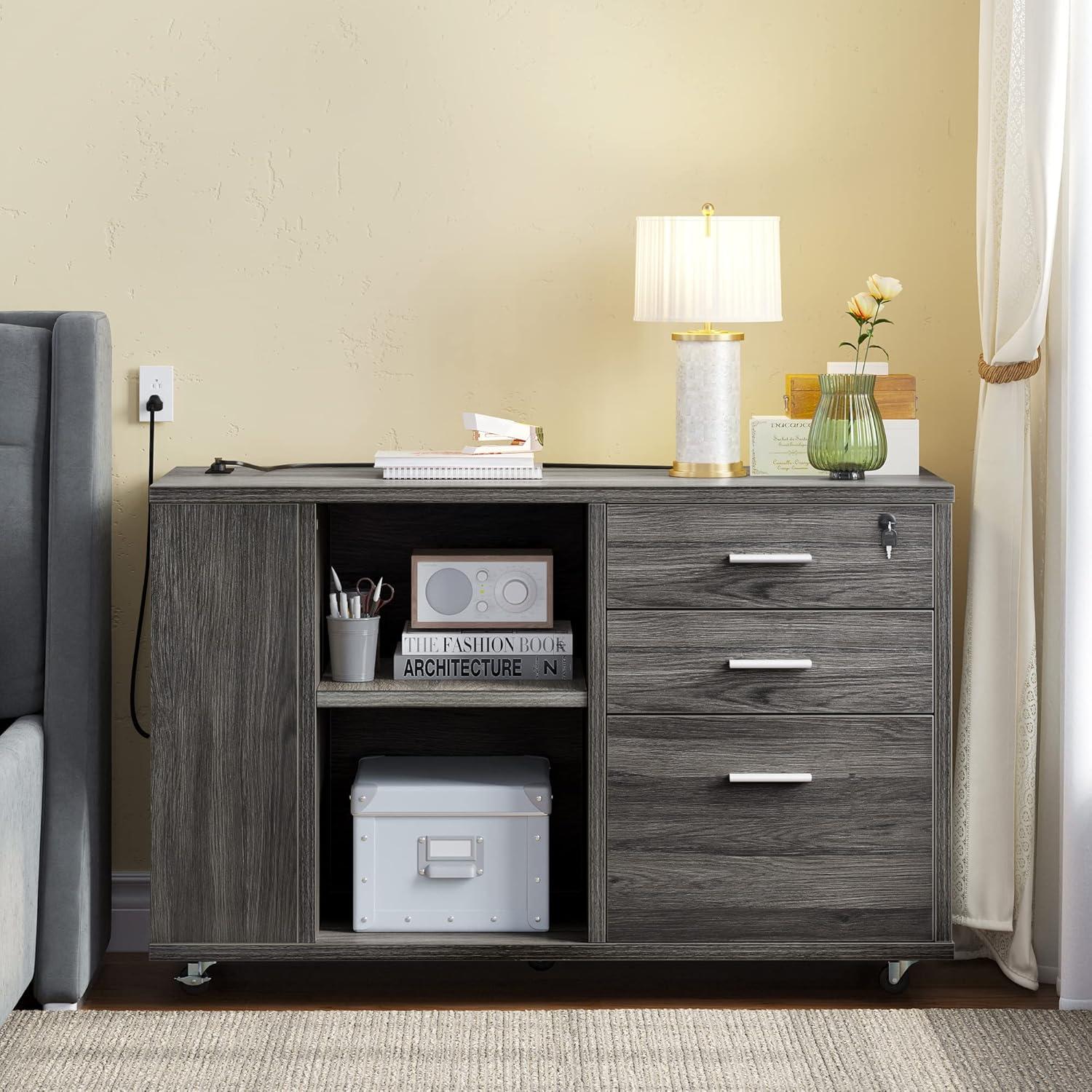 Gray Wood Mobile File Cabinet with Charging Station and Lock