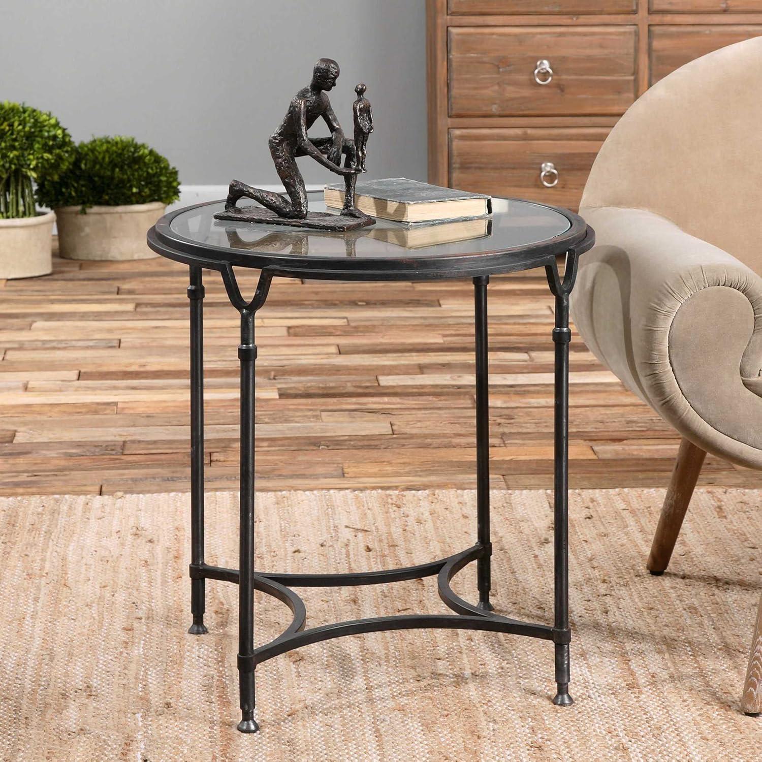 Uttermost Modern Steel Round Accent Side End Table 24 1/2" Wide Aged Black Clear Glass Tabletop for Living Room Bedroom Entryway