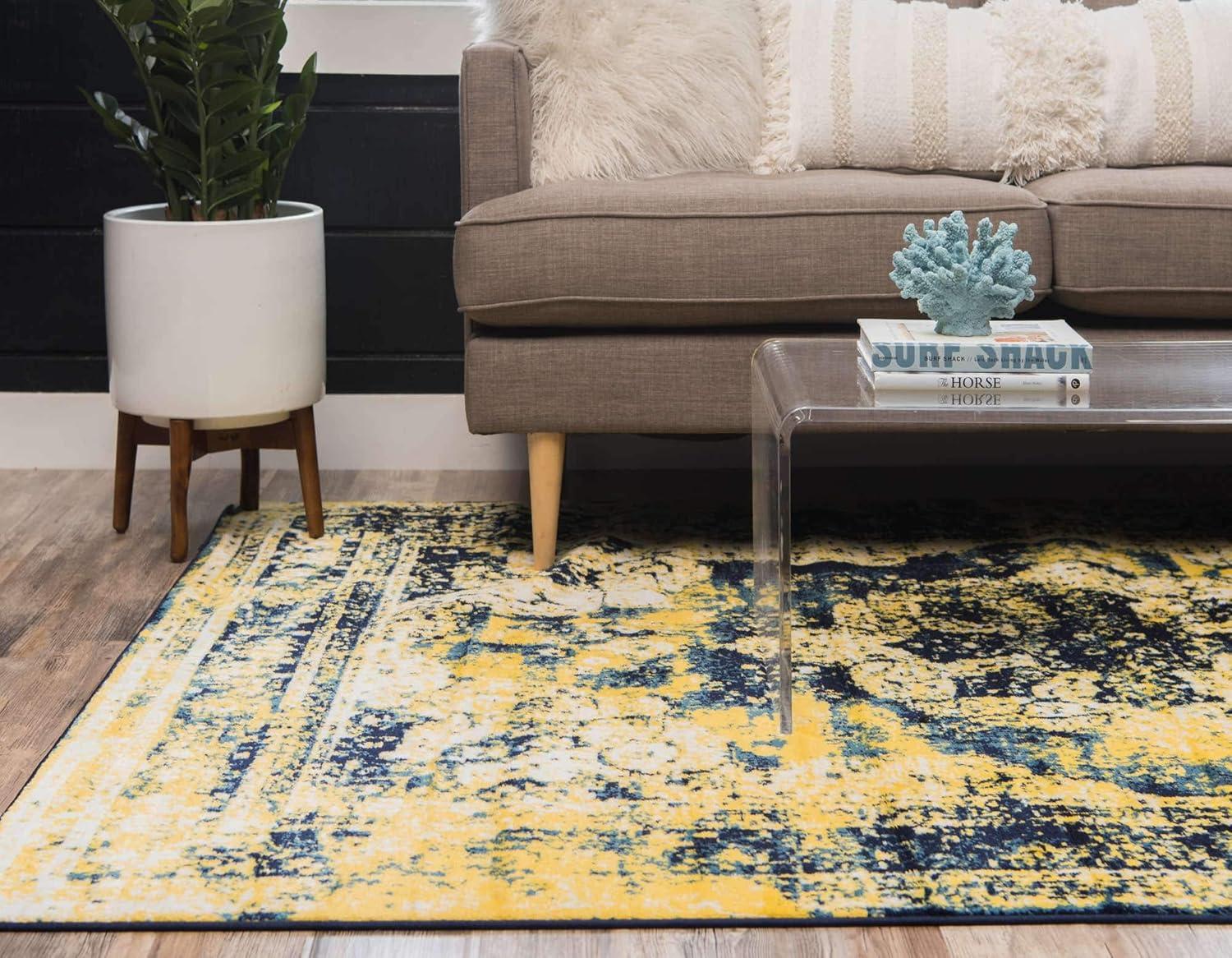 Navy Blue and Yellow Synthetic Reversible Area Rug