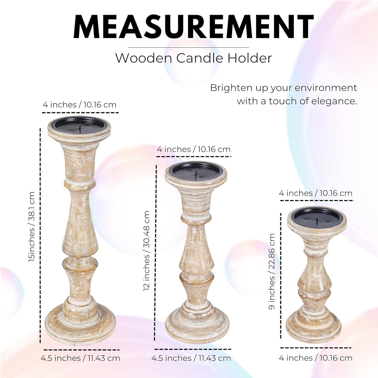 DecMode Traditional and Timeless Mango Wood Pillar Candle Holder Set of 3, 6", 8", 10"H, Cream Finish