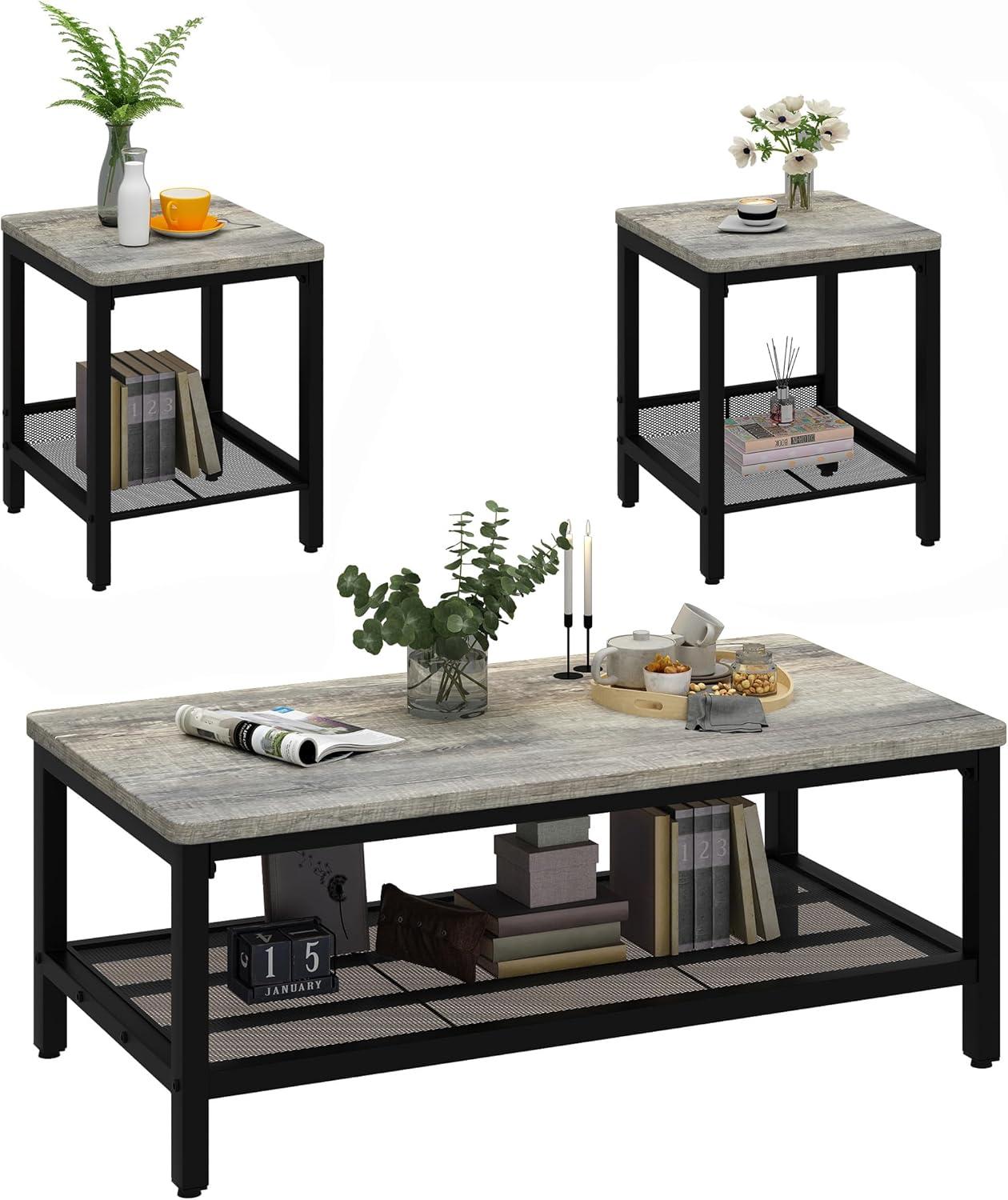 17 Stories Industrial Metal Frame  3 - Piece Living Room Table Set With Two Side Table