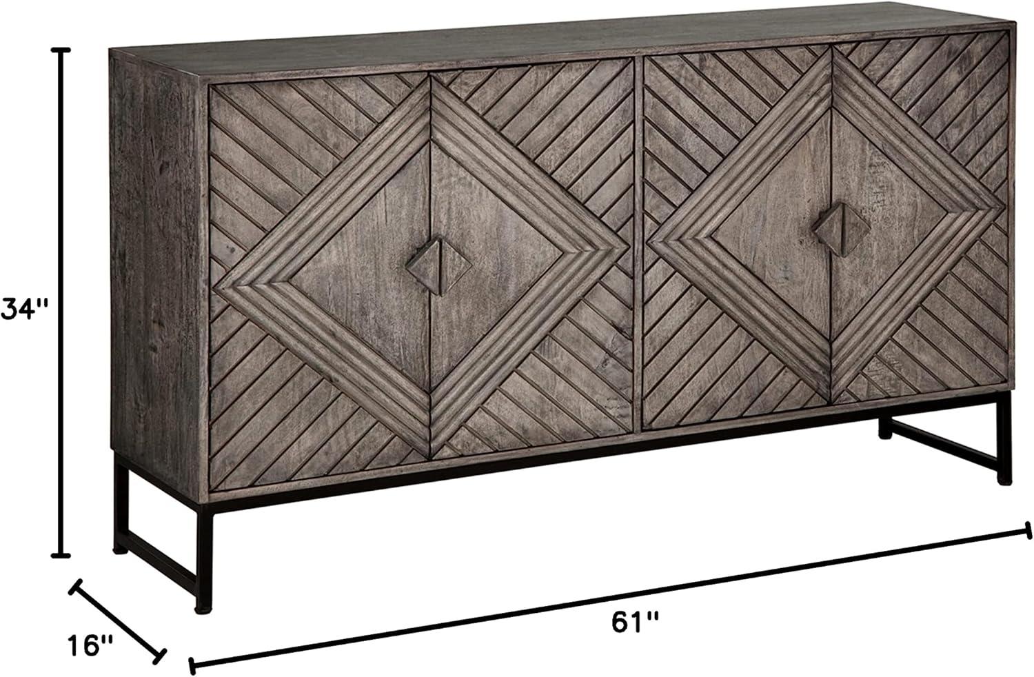 Distressed Gray Wood Accent Cabinet with Art Deco Doors