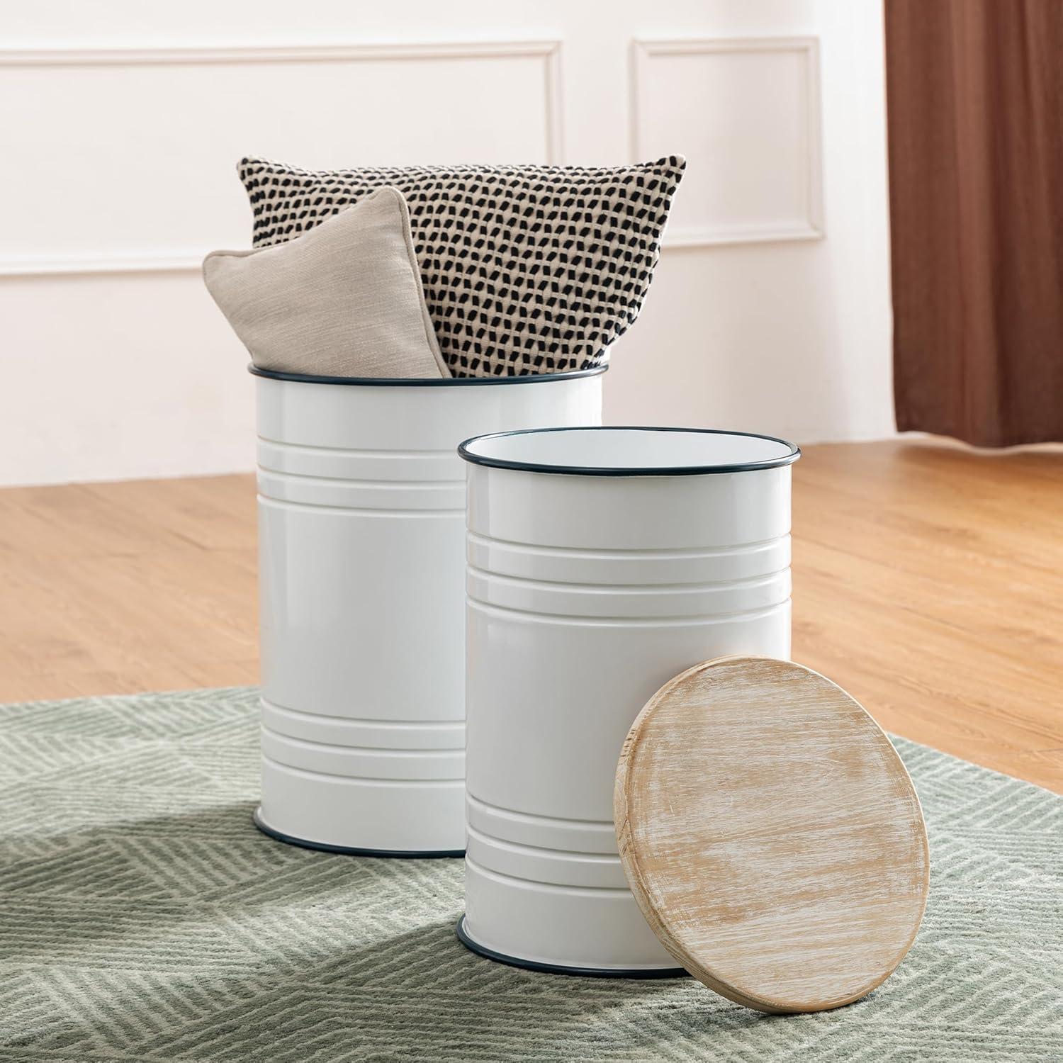 White Metal and Wood Farmhouse Storage Accent Stools, Set of 2