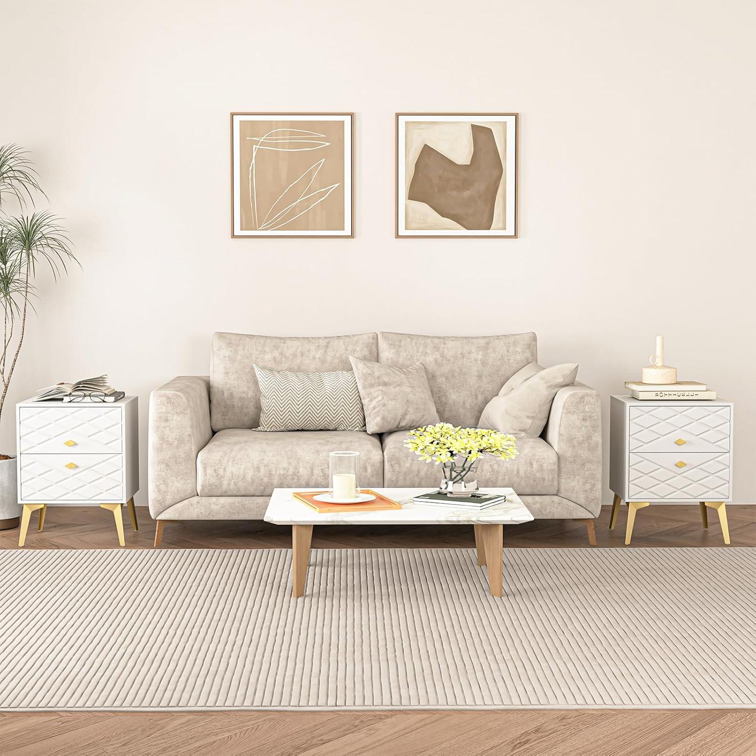 White and Gold Nightstand Set of 2,Modern Bedside Table with 2 Drawer for Bedroom,End Side Table with Gold Legs for Living Room,White Night Stand Set 2 for Bedroom