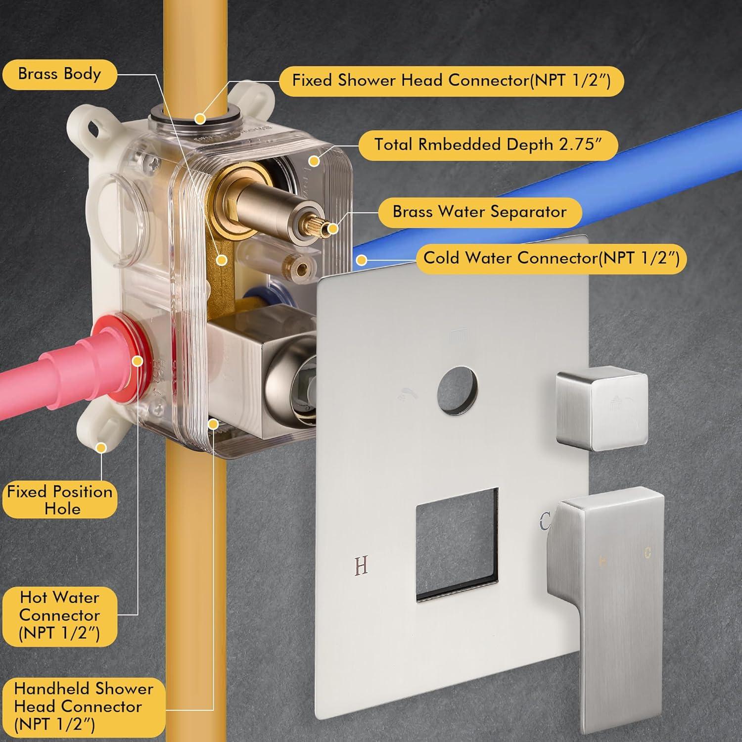 AWZTOO Wall Mounted Shower Faucet With Hand Shower Modern Shower System Set 10 Inch Rainfall Shower Head With Pressure Balance Valve Brushed Nickel