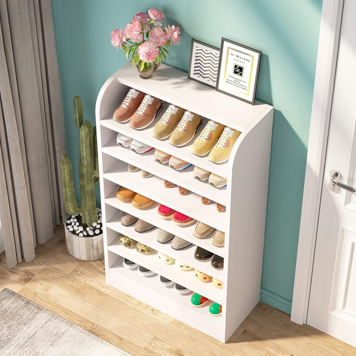 Tribesigns Shoe Storage Cabinet, 8-Tier Tall White Shoe Organizer Cabinet, Large Wooden Freestanding Shoe Rack for Closet Entryway