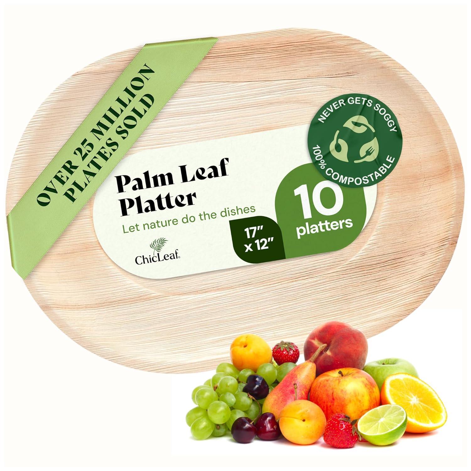 Chic Leaf Disposable Palm Leaf Trays, 17" x 12", 10 Pack, Compostable, Eco-Friendly Platters Charcuterie Board