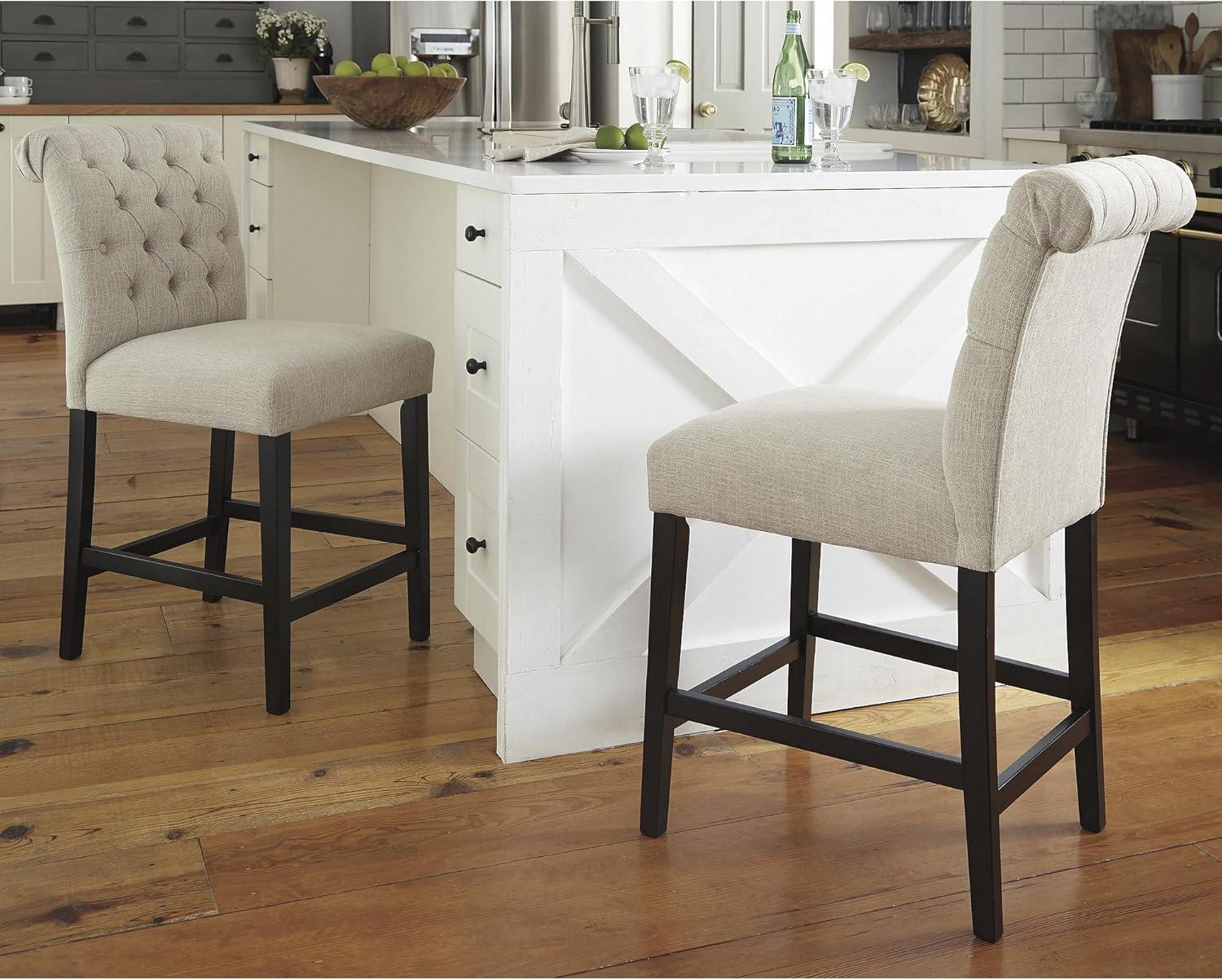 Beige Tufted Upholstered Pub Height Barstools with Wood Frame, Set of 2