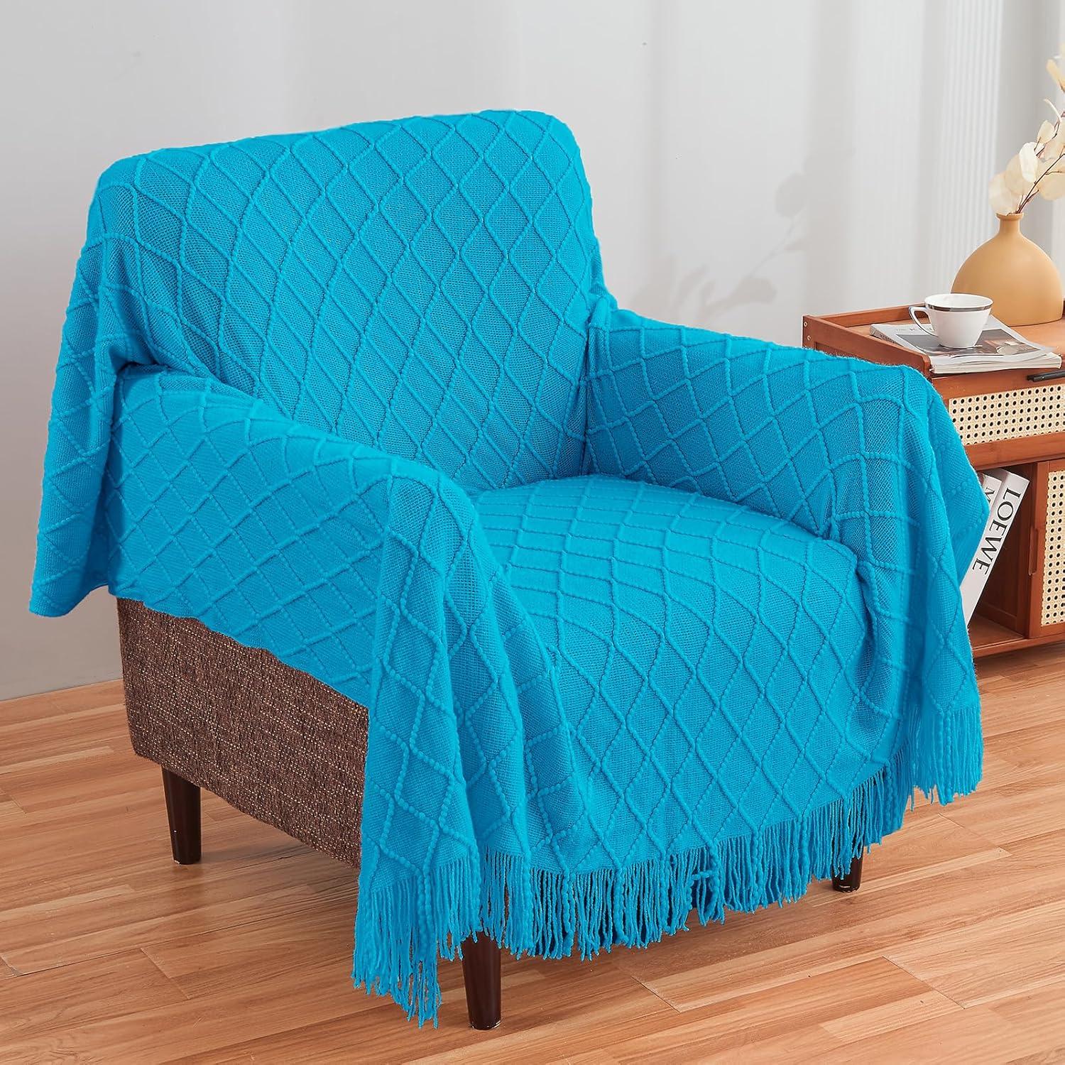 Teal Wool Knitted Lightweight Throw Blanket with Tassels