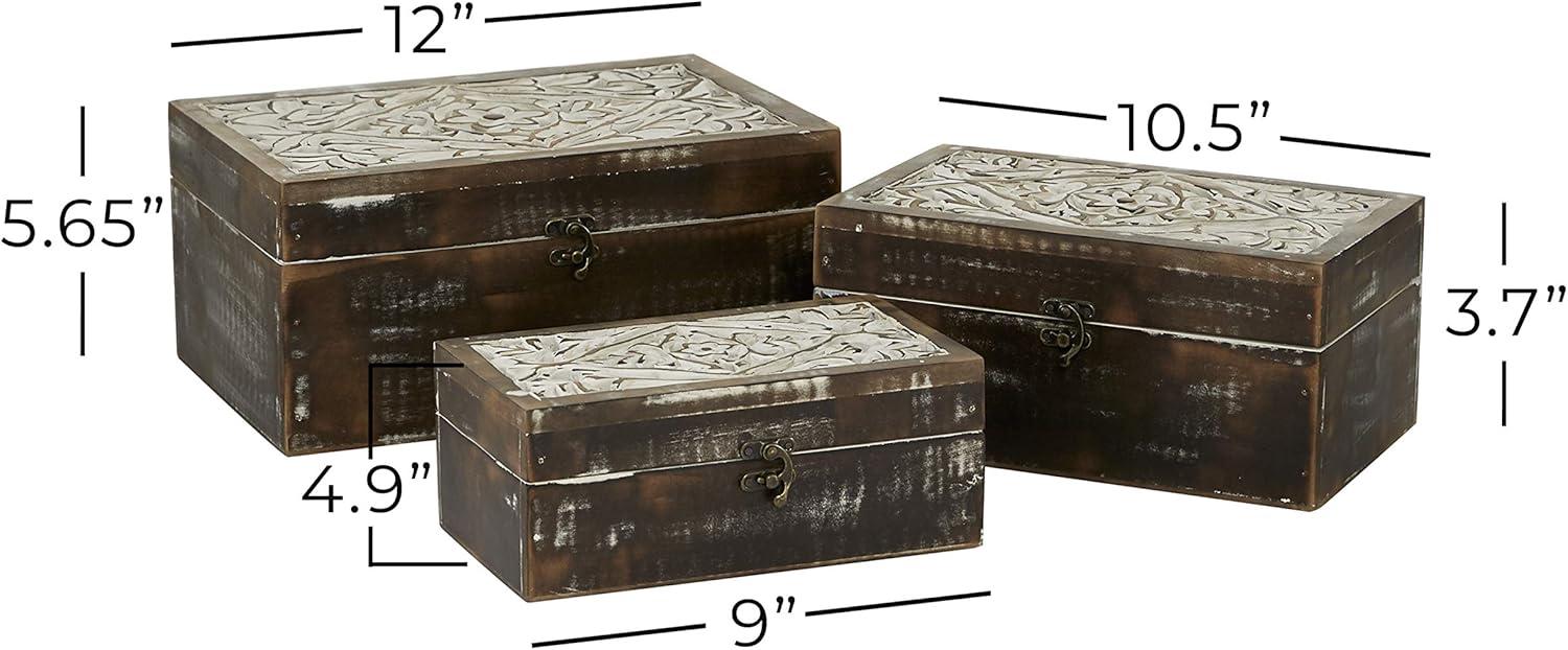 DecMode Floral Handmade Brown Wood Decorative Box with Hinged Lid, 3 Count