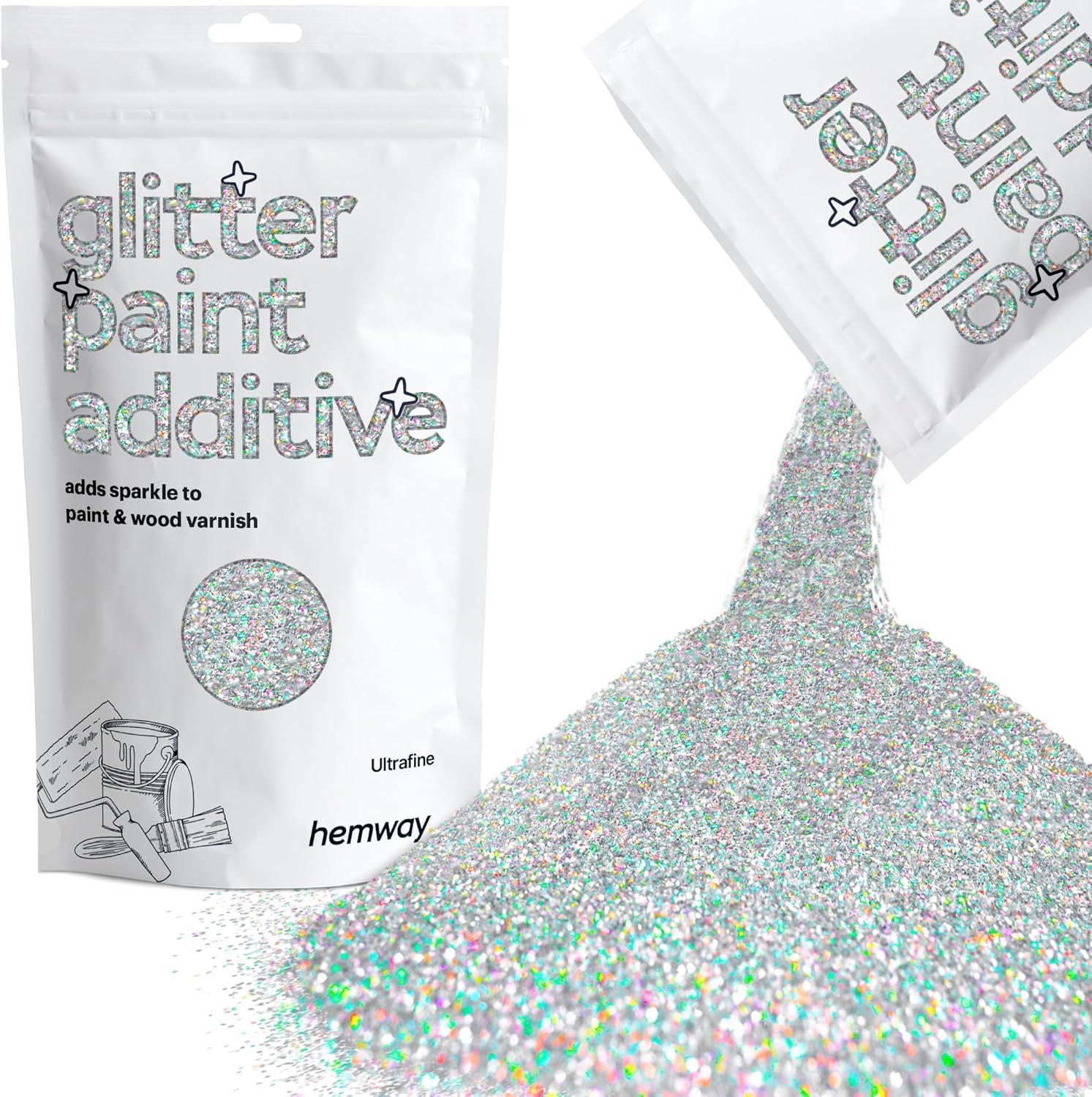 Hemway Glitter Paint Additive Crystals for Acrylic Emulsion Paint, Interior & Exterior Walls, Wood, Varnish, Matt, Gloss, Furniture 100g / 3.5oz - Ultrafine (1/128" 0.008" 0.2mm) - Silver Holographic